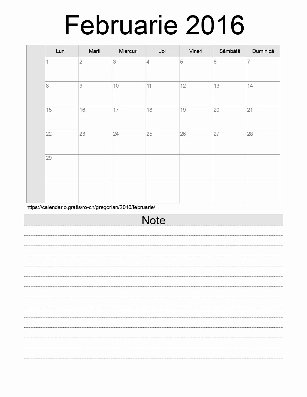 Calendar pentru Februarie 2016 de imprimat cu note. (Elveția) Calendar pentru Februarie 2016 de imprimat cu note. (Elveția)