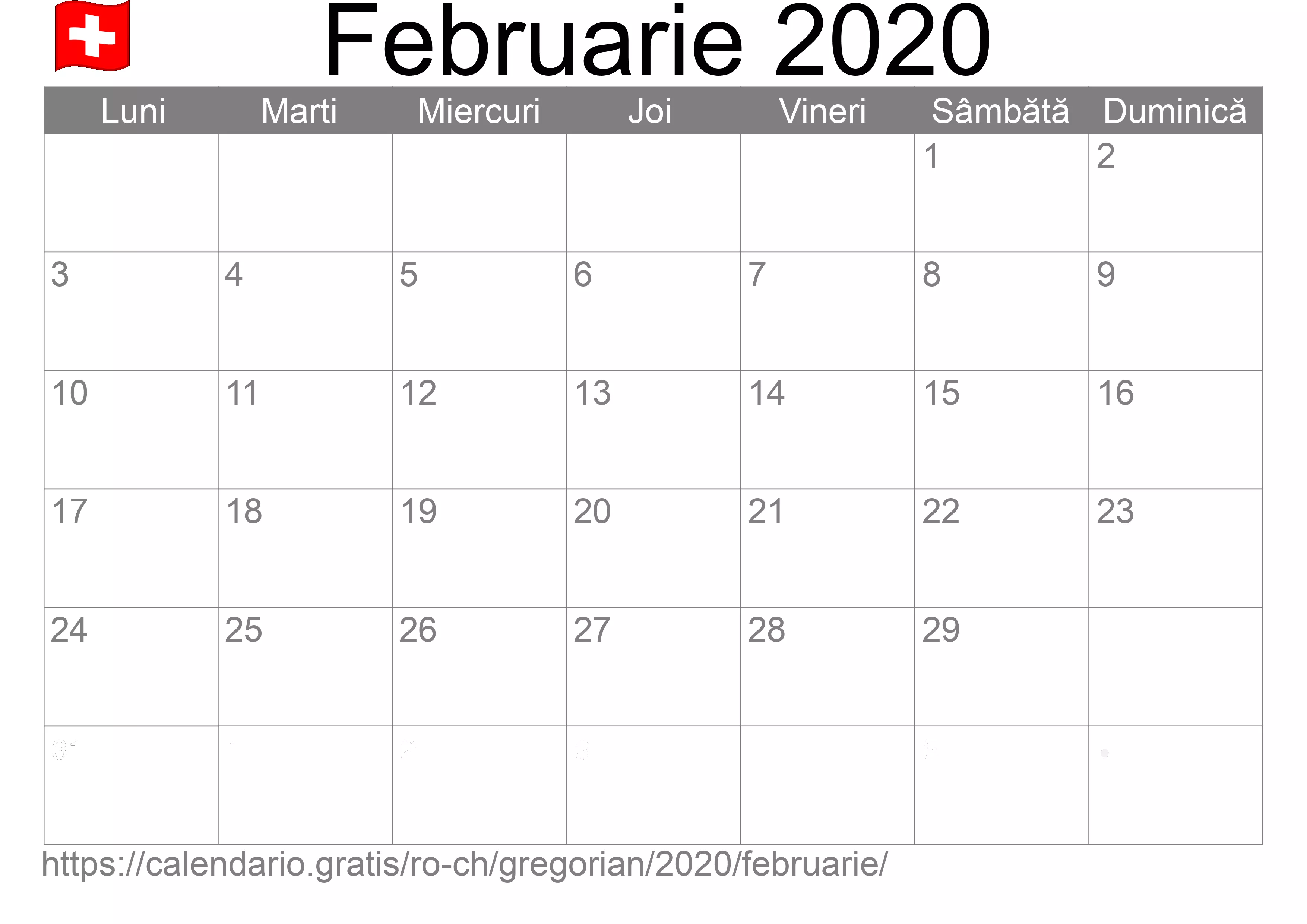 Calendar Februarie 2020 pentru imprimare (Elveția) Calendar Februarie 2020 pentru imprimare (Elveția)