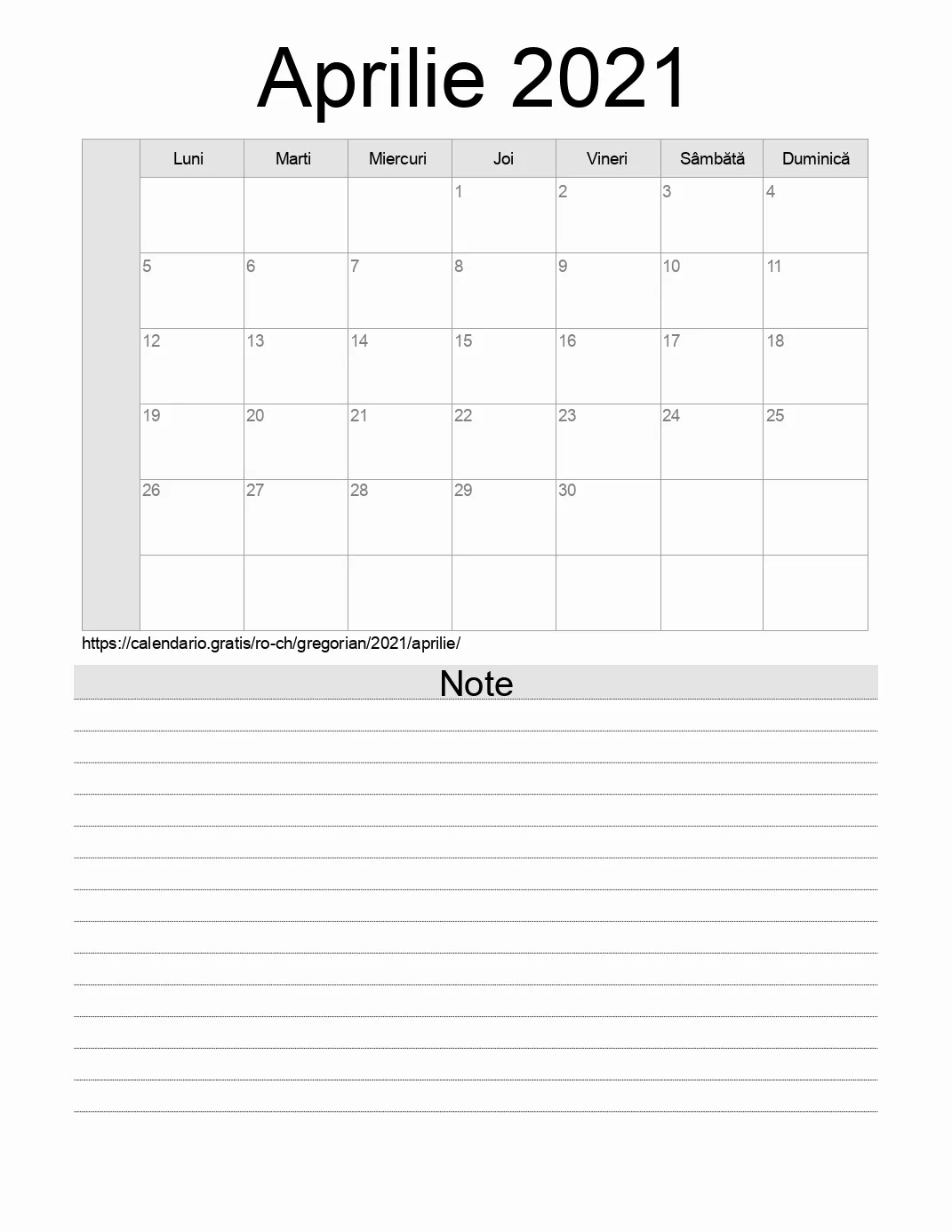 Calendar pentru Aprilie 2021 de imprimat cu note. (Elveția)