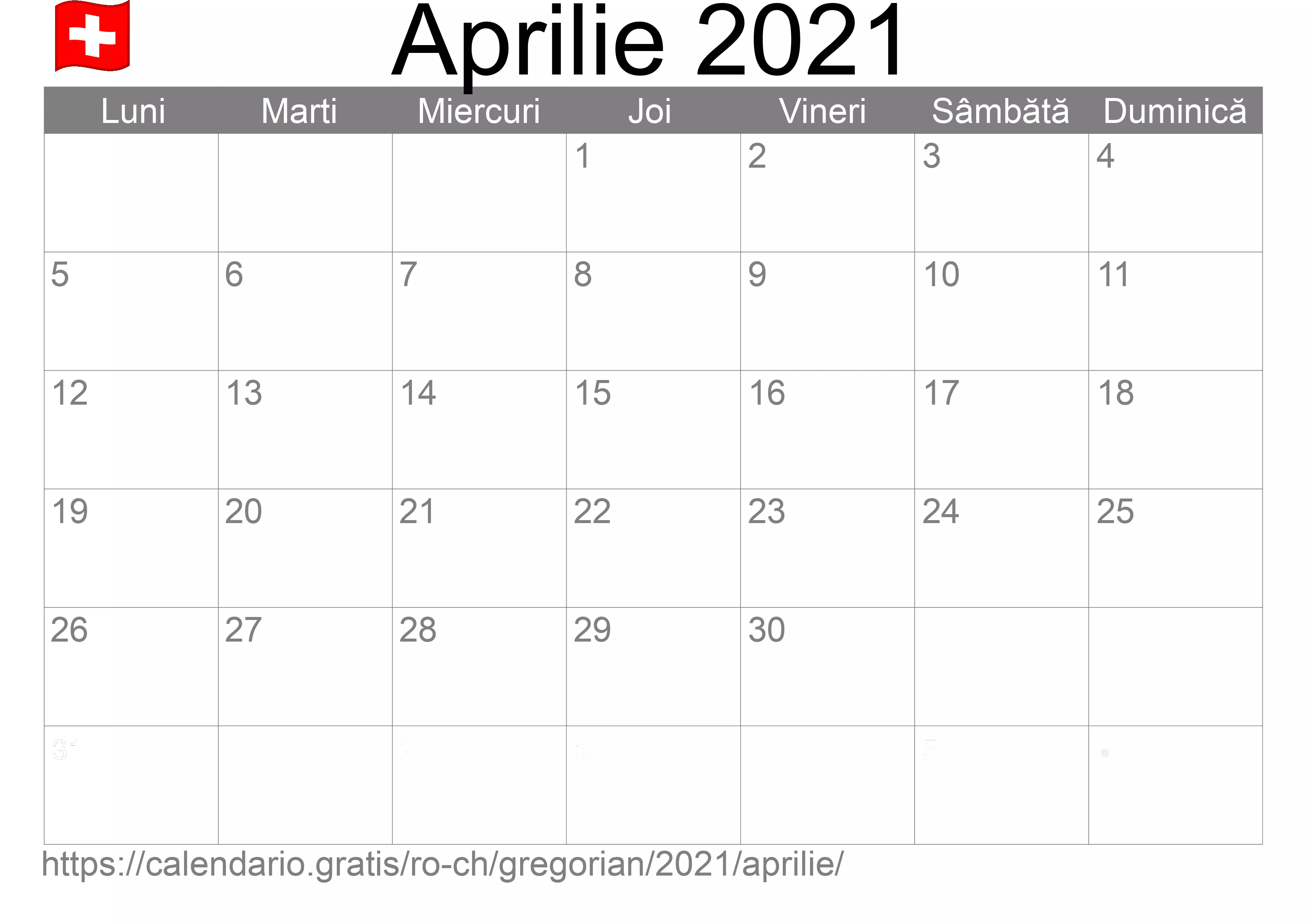 Calendar Aprilie 2021 pentru imprimare (Elveția)