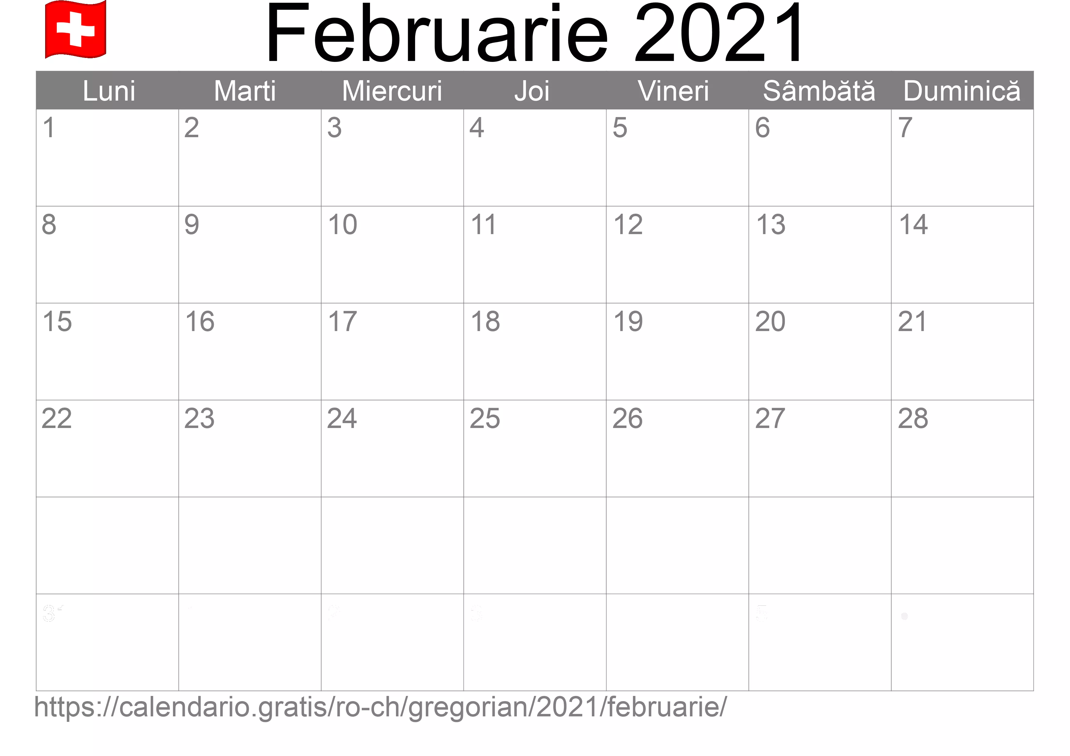 Calendar Februarie 2021 pentru imprimare (Elveția)