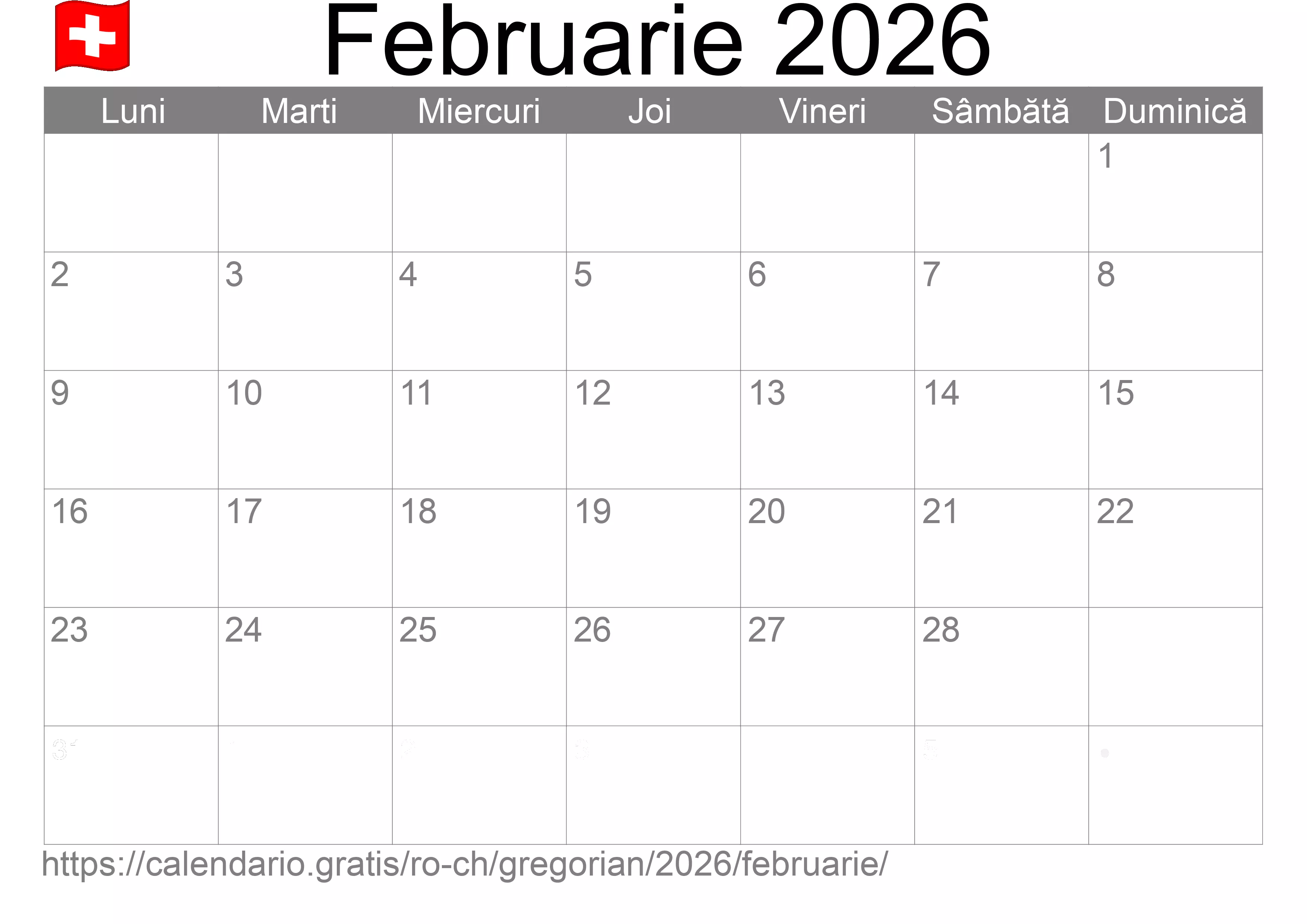 Calendar Februarie 2026 pentru imprimare (Elveția) Calendar Februarie 2026 pentru imprimare (Elveția)