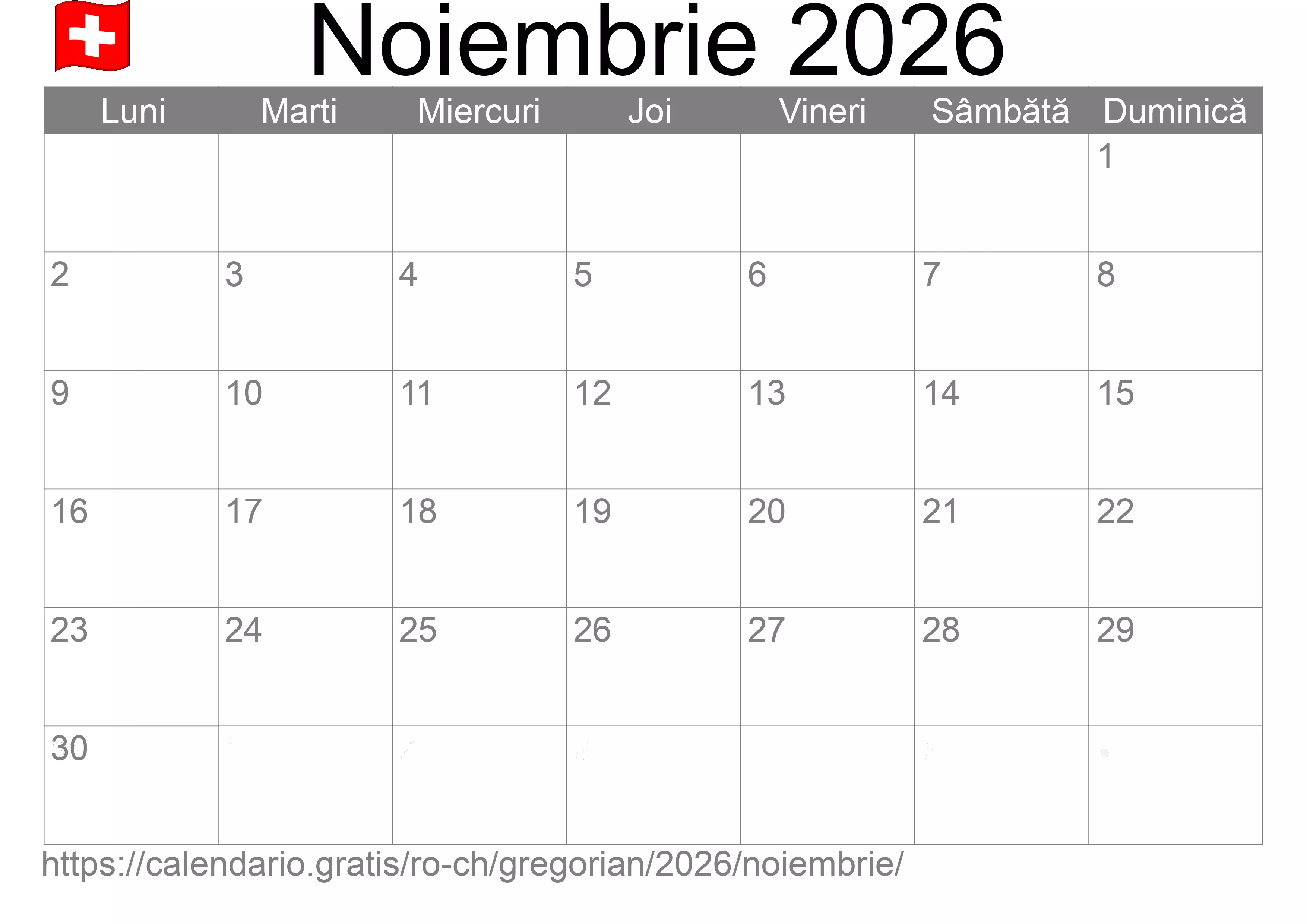 Calendar Noiembrie 2026 pentru imprimare (Elveția)