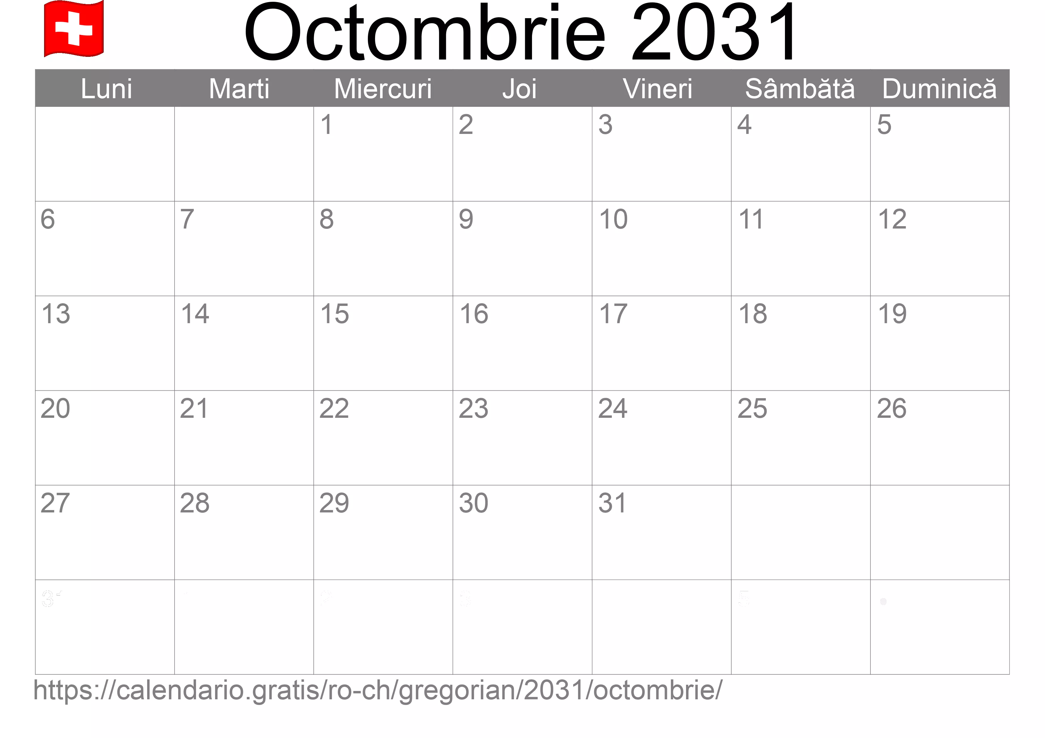 Calendar Octombrie 2031 pentru imprimare (Elveția) Calendar Octombrie 2031 pentru imprimare (Elveția)