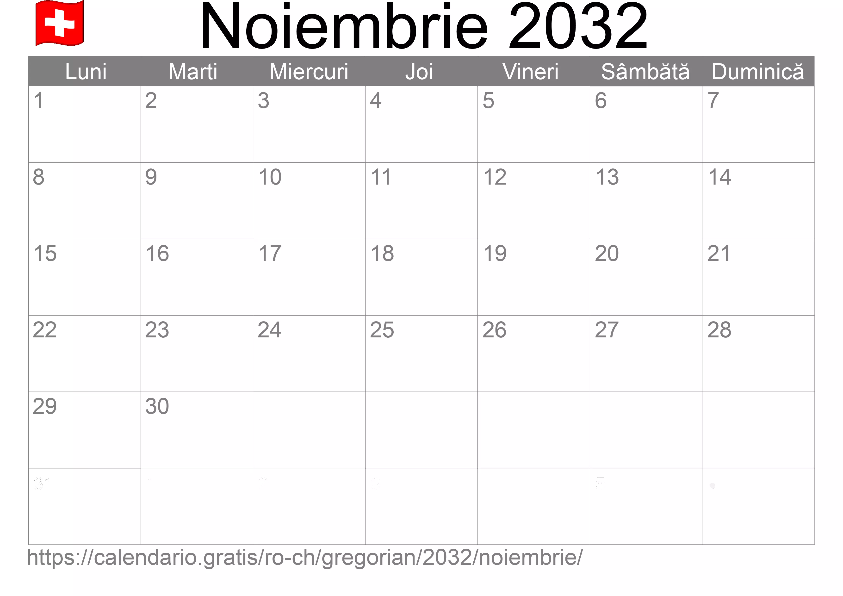 Calendar Noiembrie 2032 pentru imprimare (Elveția)