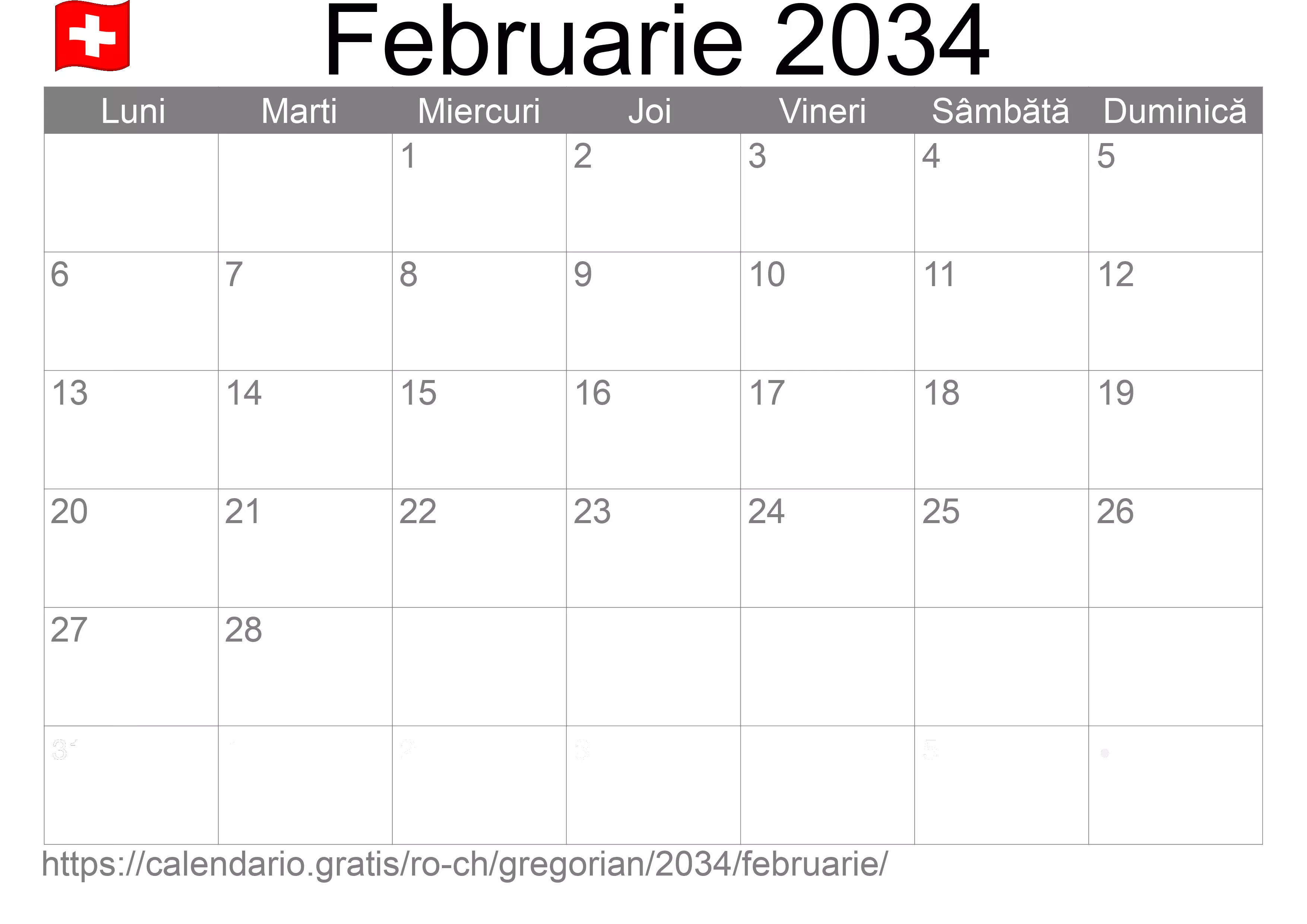 Calendar Februarie 2034 pentru imprimare (Elveția) Calendar Februarie 2034 pentru imprimare (Elveția)