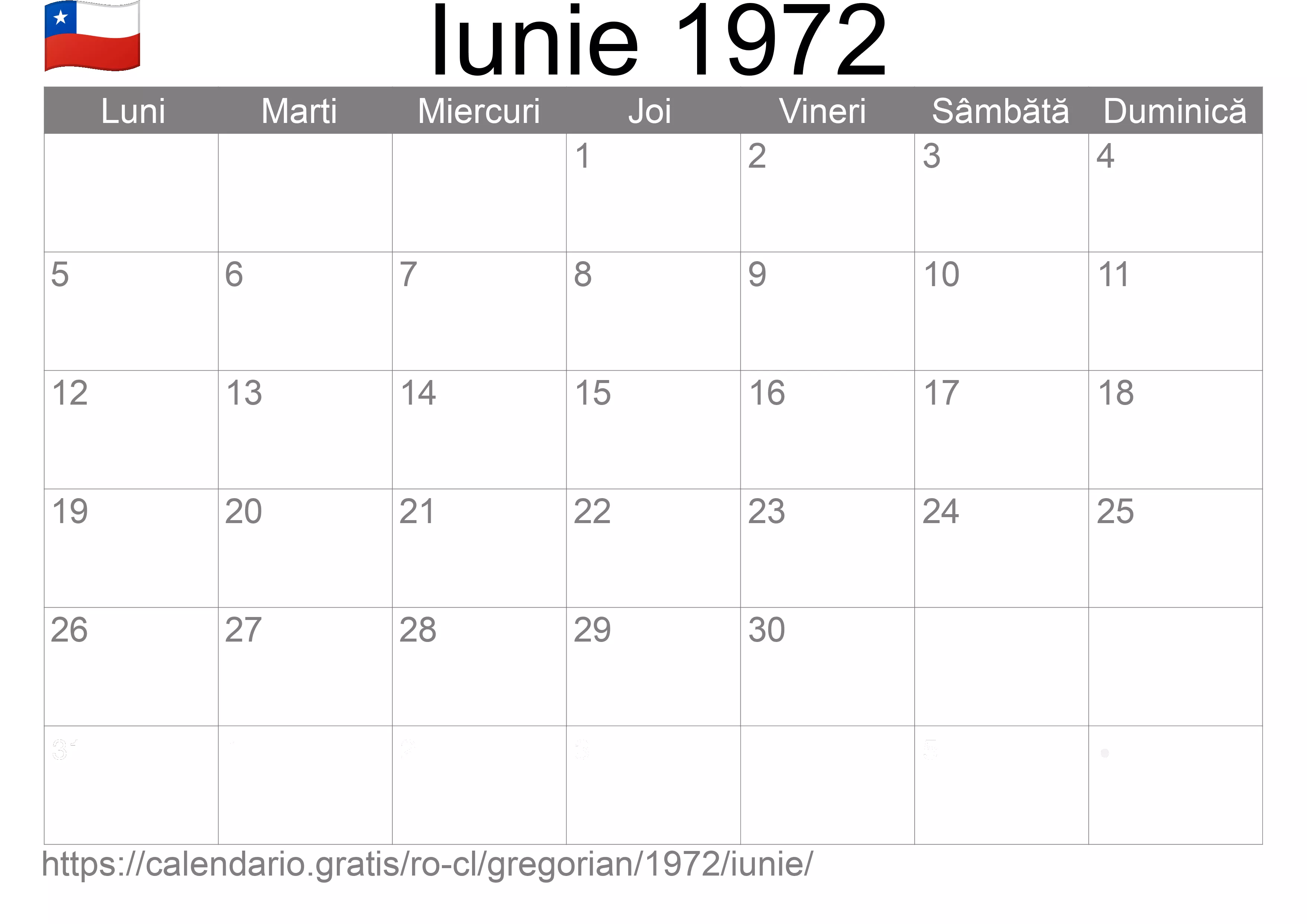 Calendar Iunie 1972 pentru imprimare (Chile)