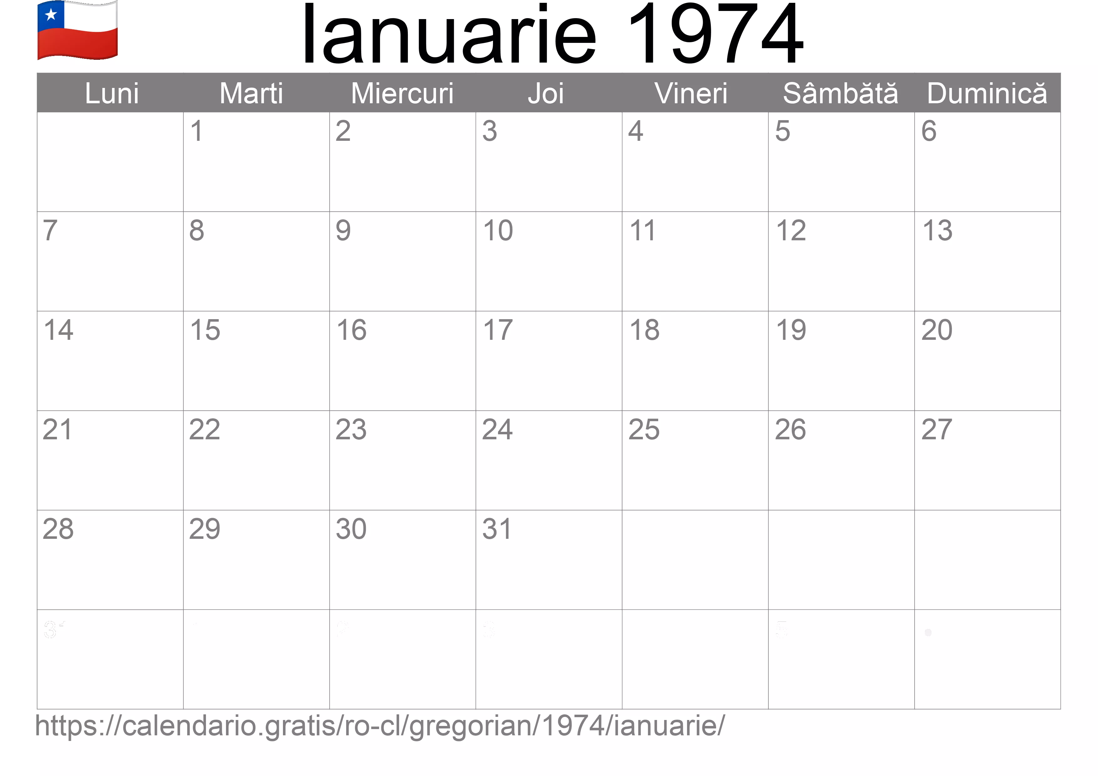 Calendar Ianuarie 1974 pentru imprimare (Chile)