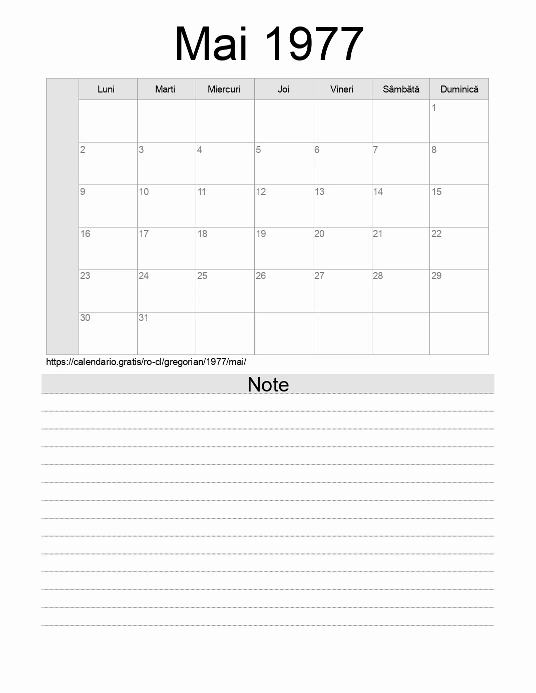 Calendar pentru Mai 1977 de imprimat cu note. (Chile)