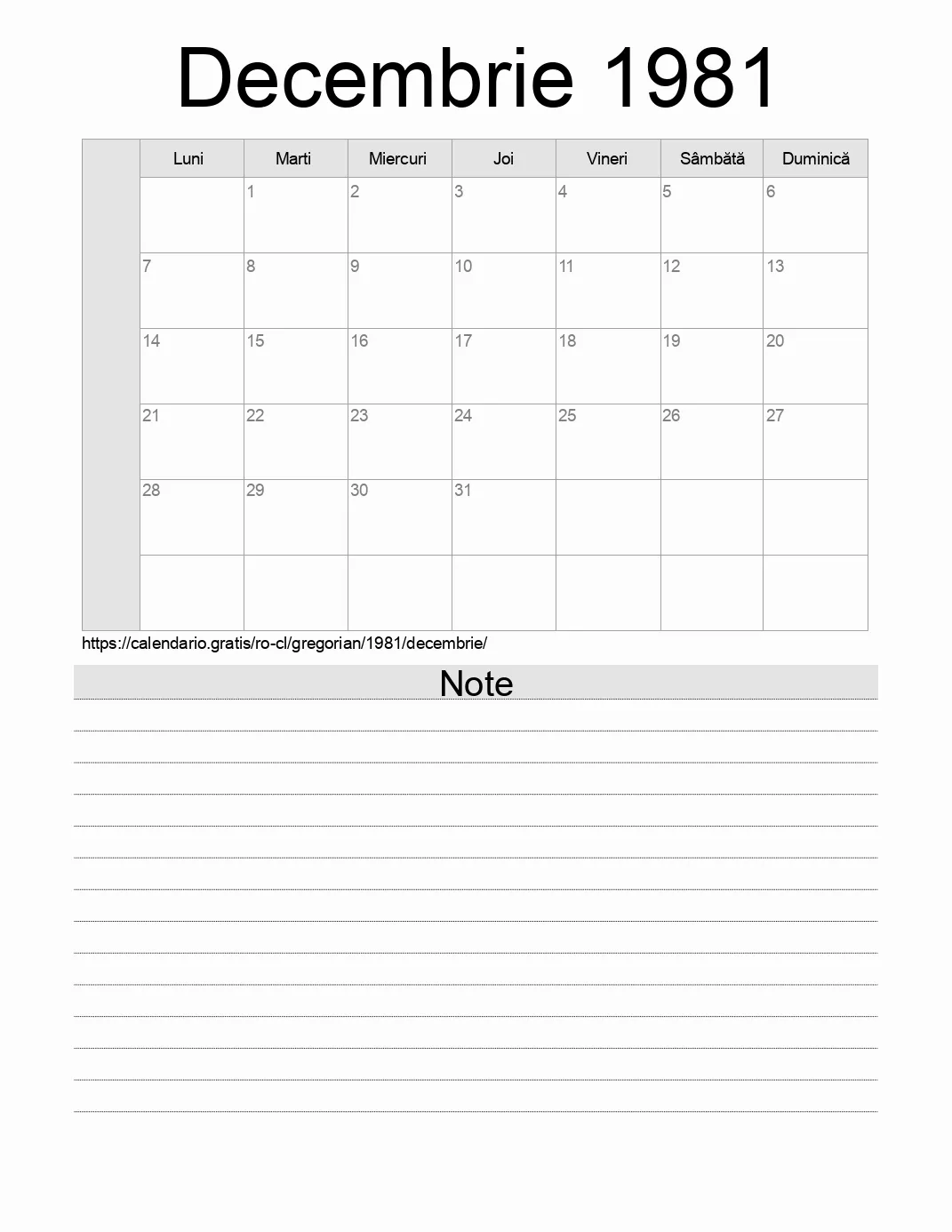 Calendar pentru Decembrie 1981 de imprimat cu note. (Chile)