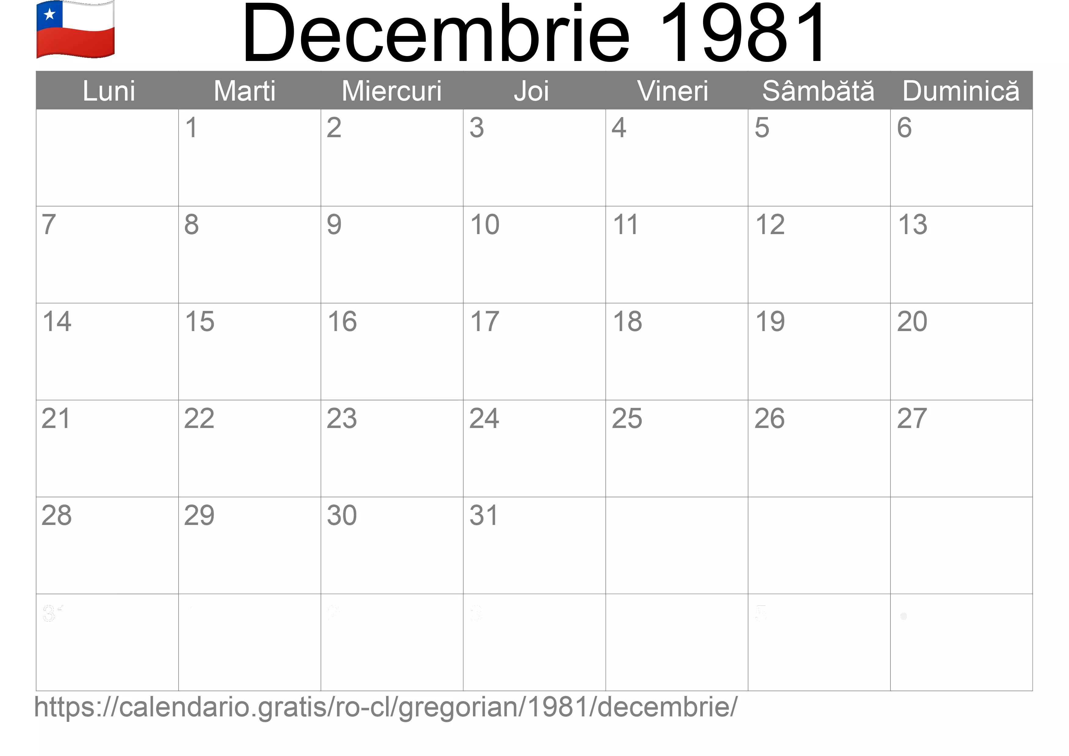 Calendar Decembrie 1981 pentru imprimare (Chile)