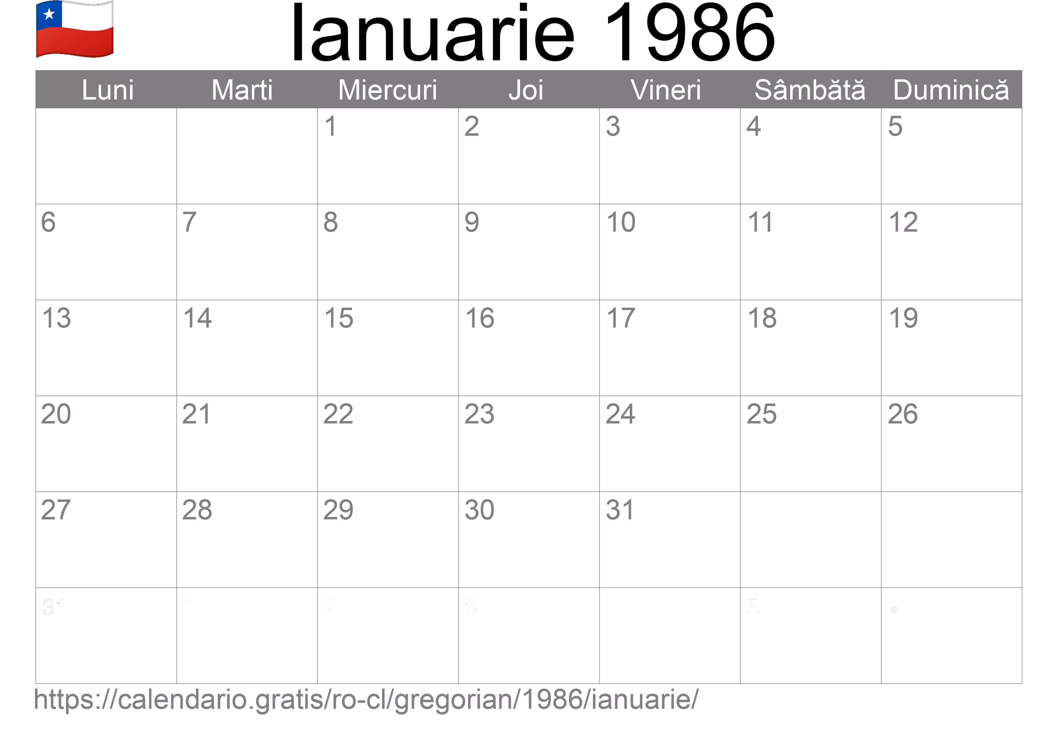 Calendar Ianuarie 1986 pentru imprimare (Chile)