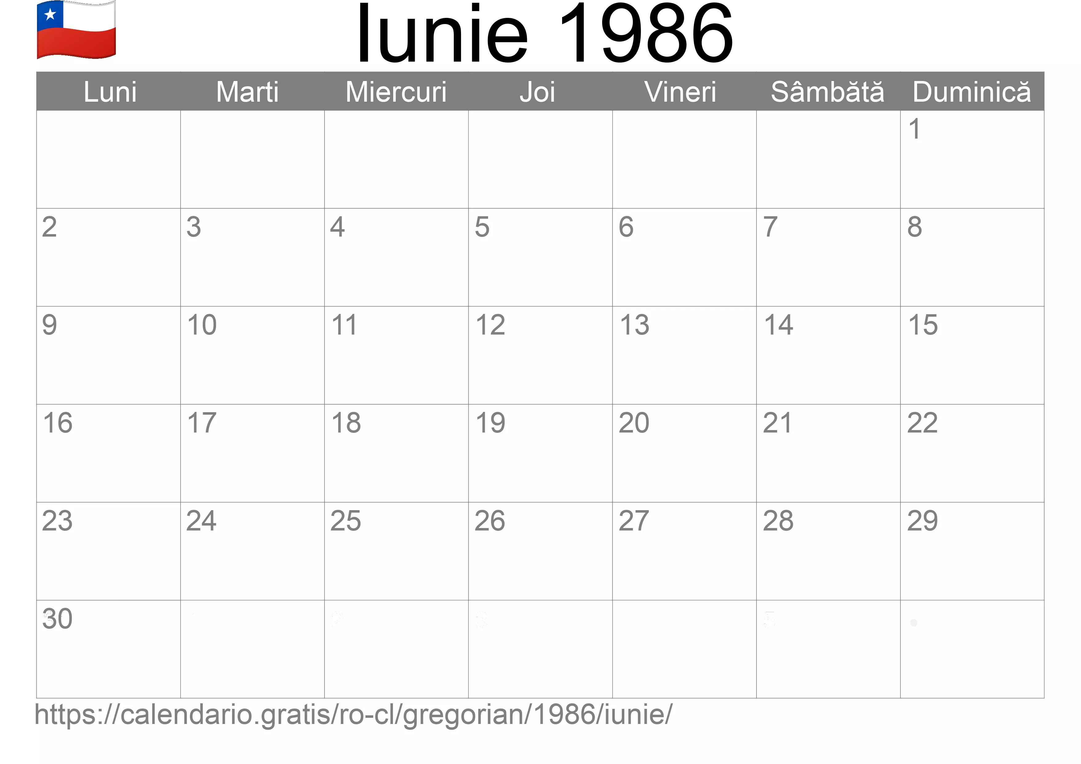 Calendar Iunie 1986 pentru imprimare (Chile)