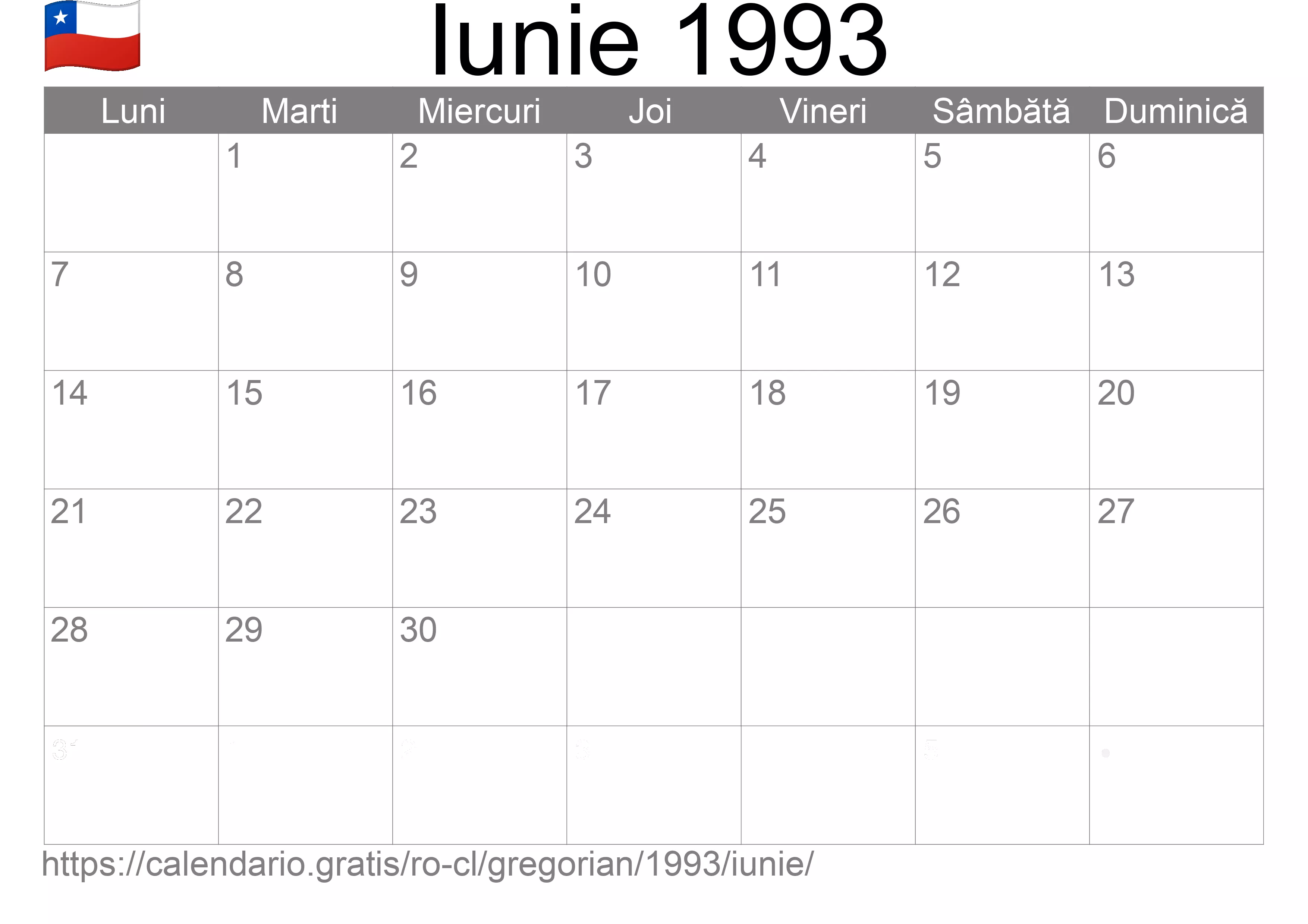 Calendar Iunie 1993 pentru imprimare (Chile) Calendar Iunie 1993 pentru imprimare (Chile)