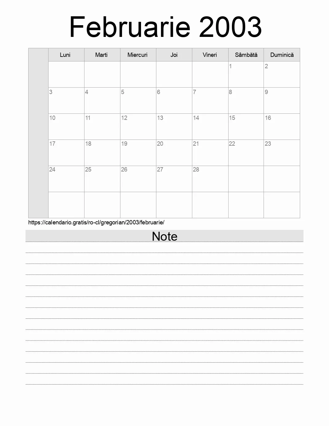 Calendar pentru Februarie 2003 de imprimat cu note. (Chile) Calendar pentru Februarie 2003 de imprimat cu note. (Chile)