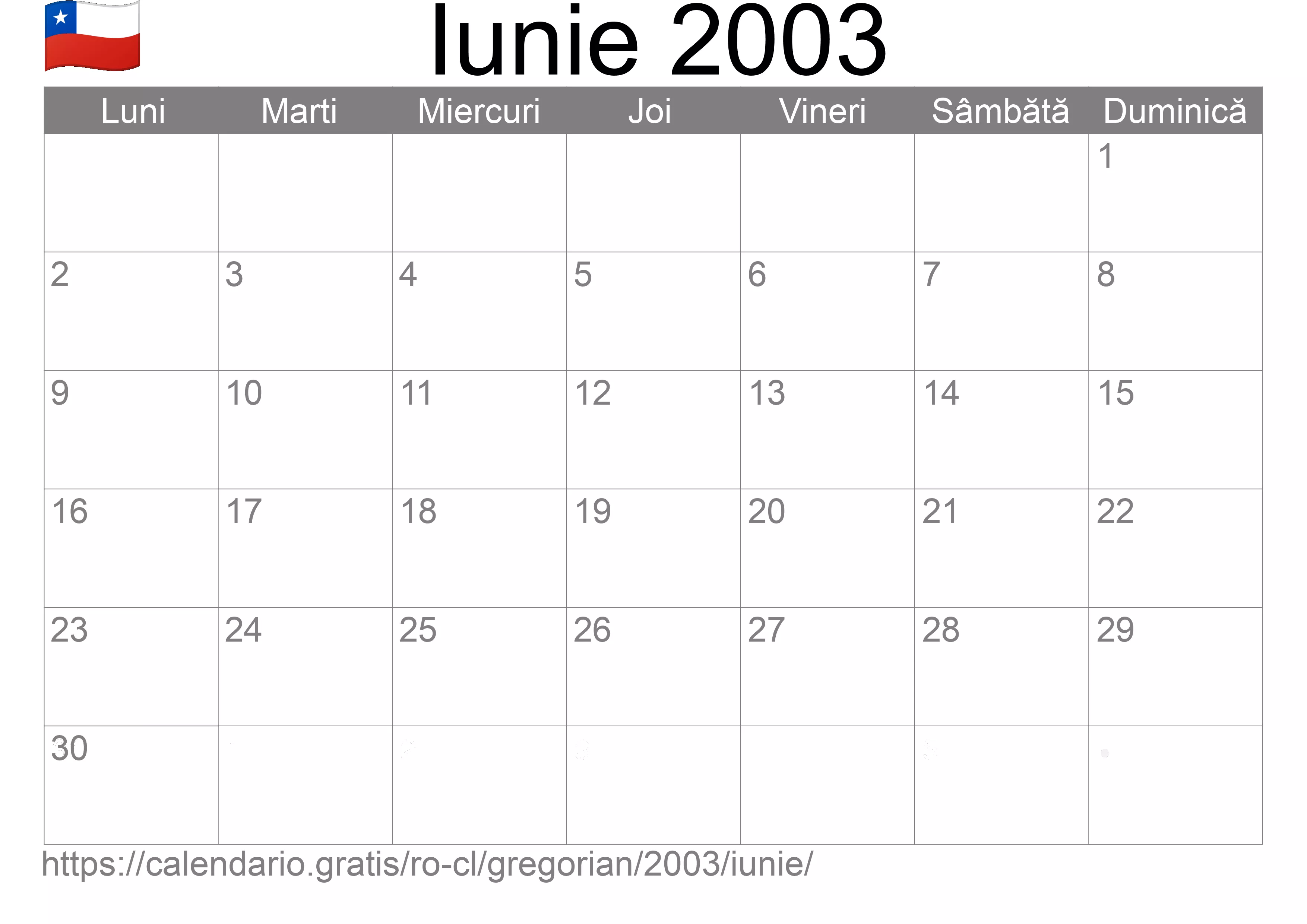 Calendar Iunie 2003 pentru imprimare (Chile)