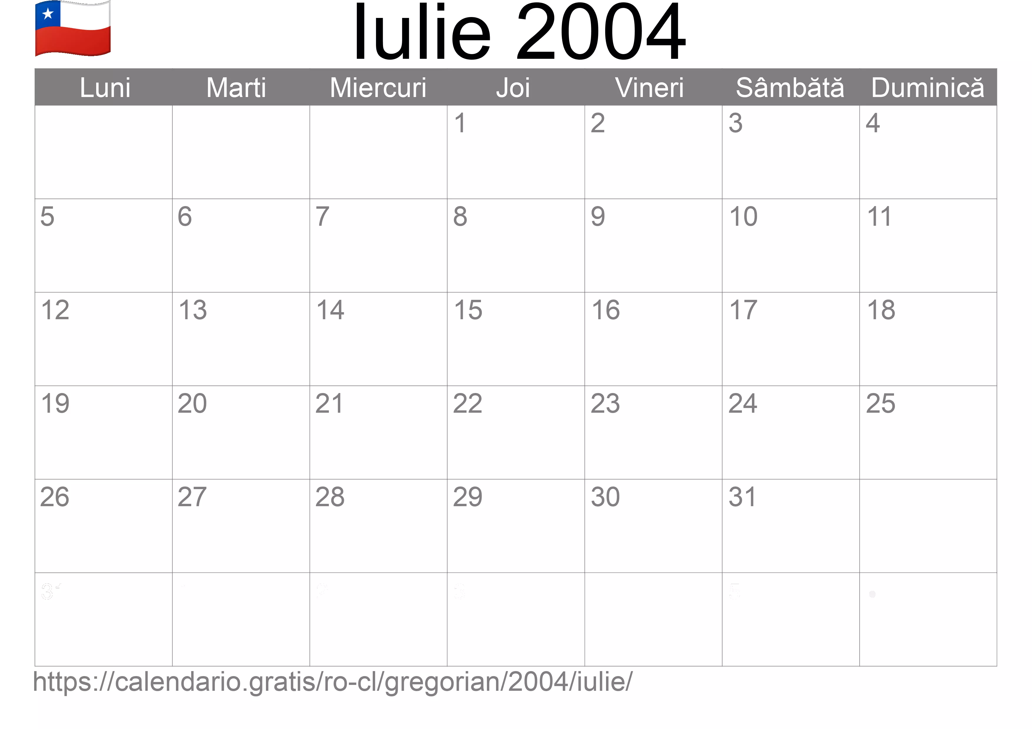 Calendar Iulie 2004 pentru imprimare (Chile)