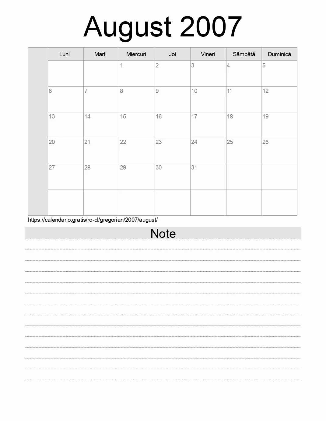 Calendar pentru August 2007 de imprimat cu note. (Chile)