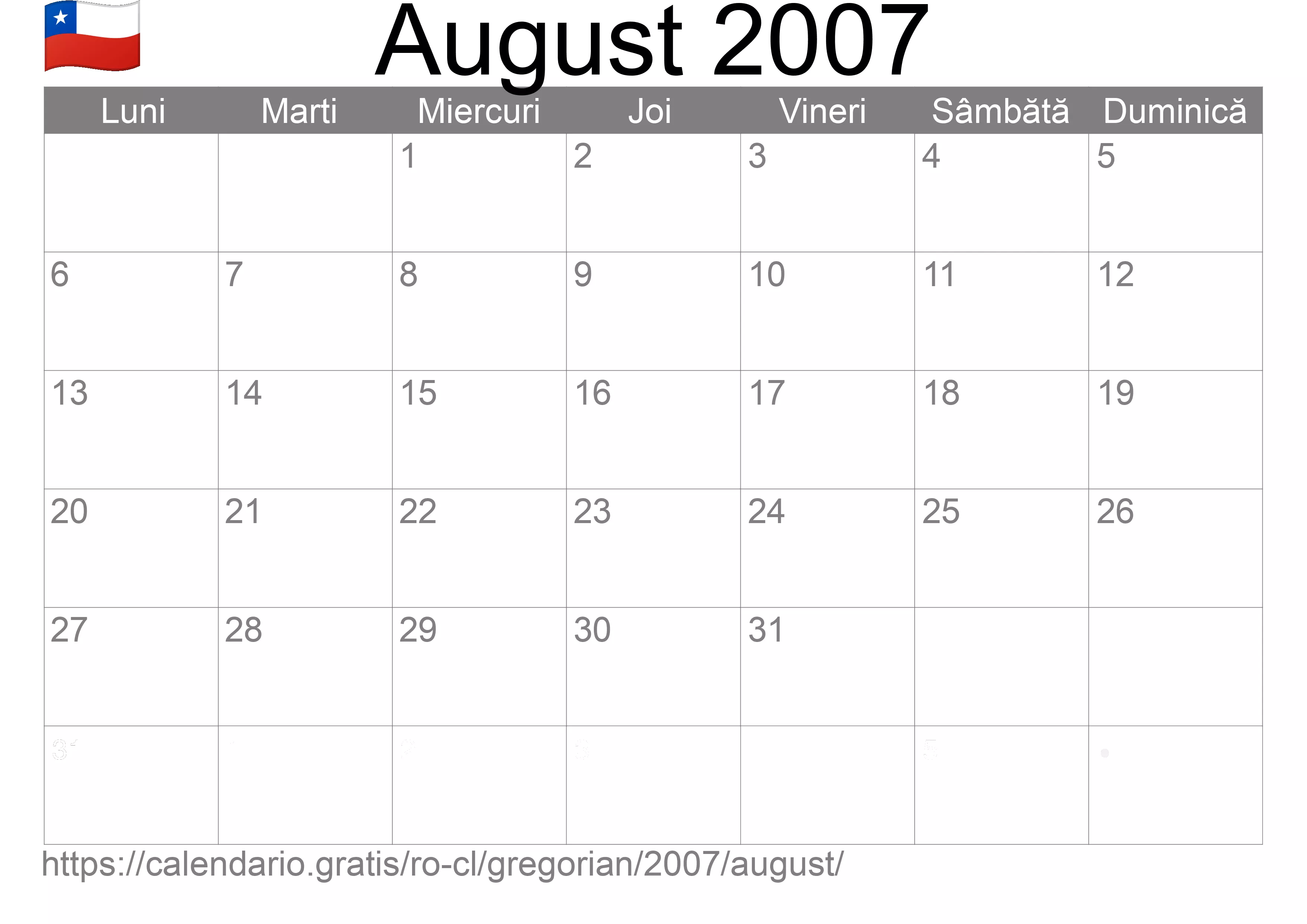 Calendar August 2007 pentru imprimare (Chile)