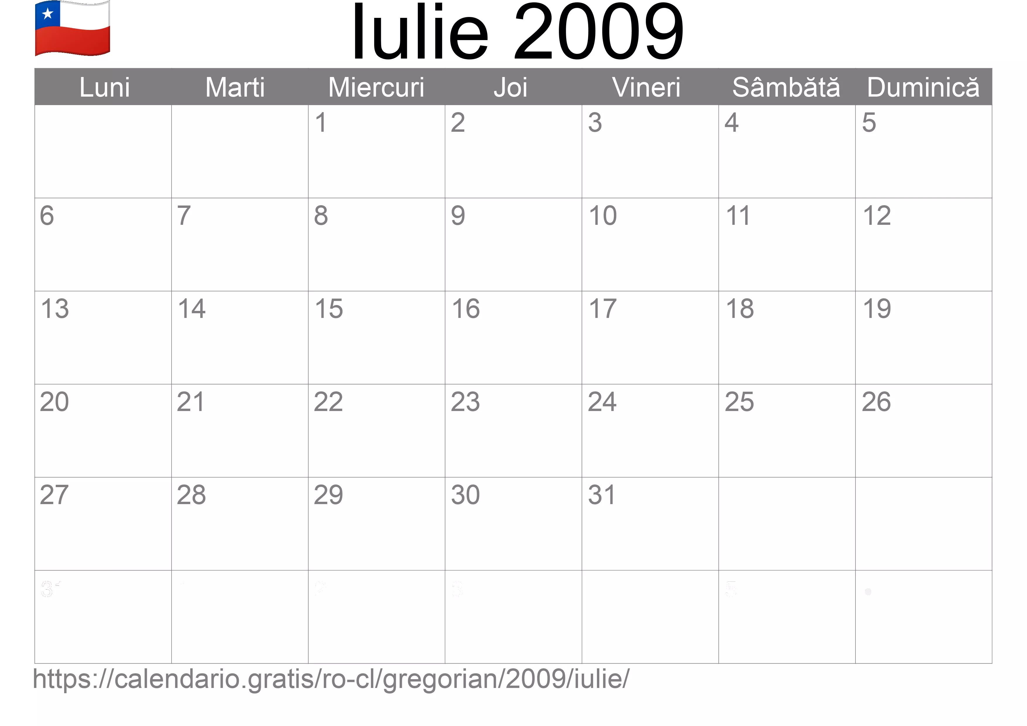 Calendar Iulie 2009 pentru imprimare (Chile)