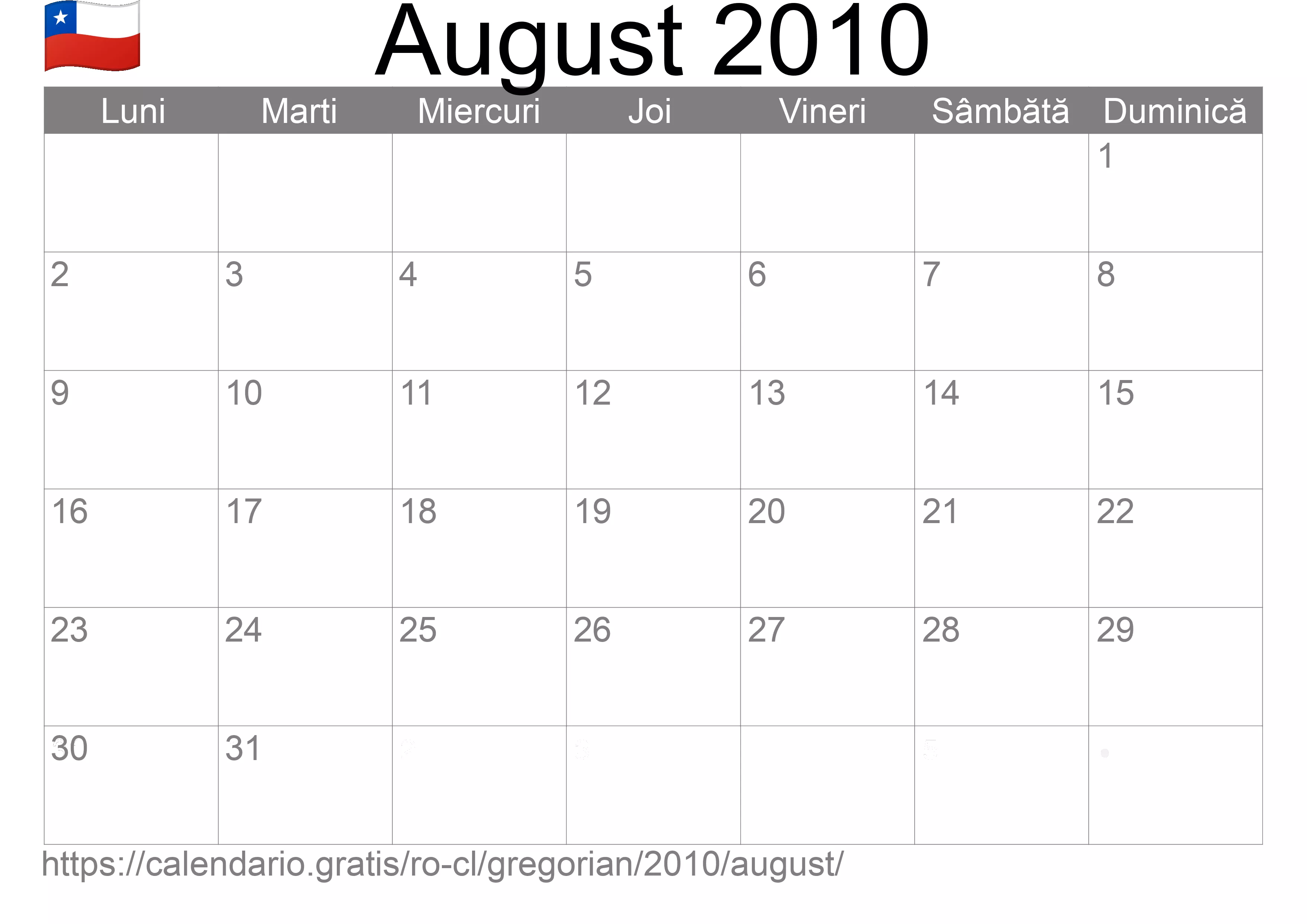 Calendar August 2010 pentru imprimare (Chile)
