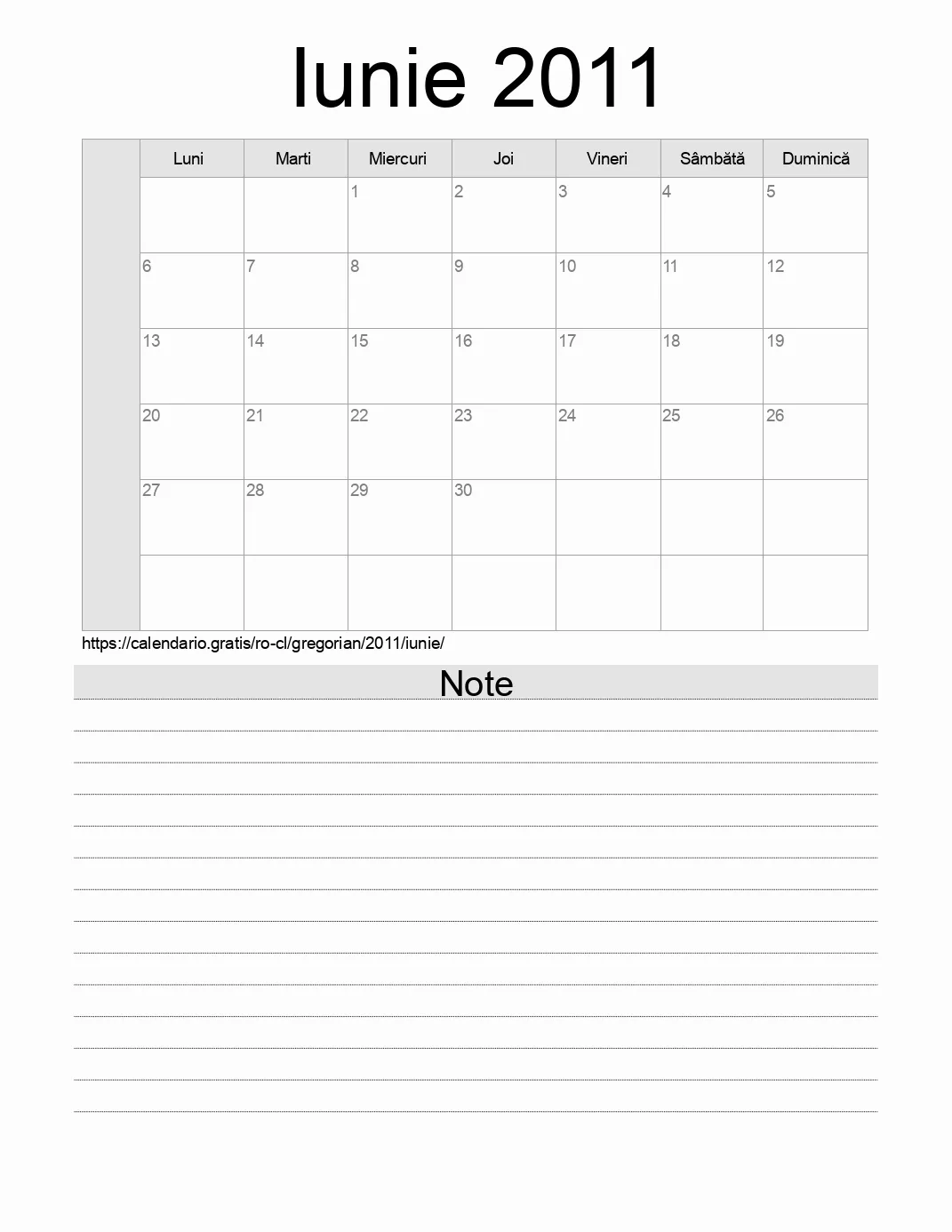 Calendar pentru Iunie 2011 de imprimat cu note. (Chile)