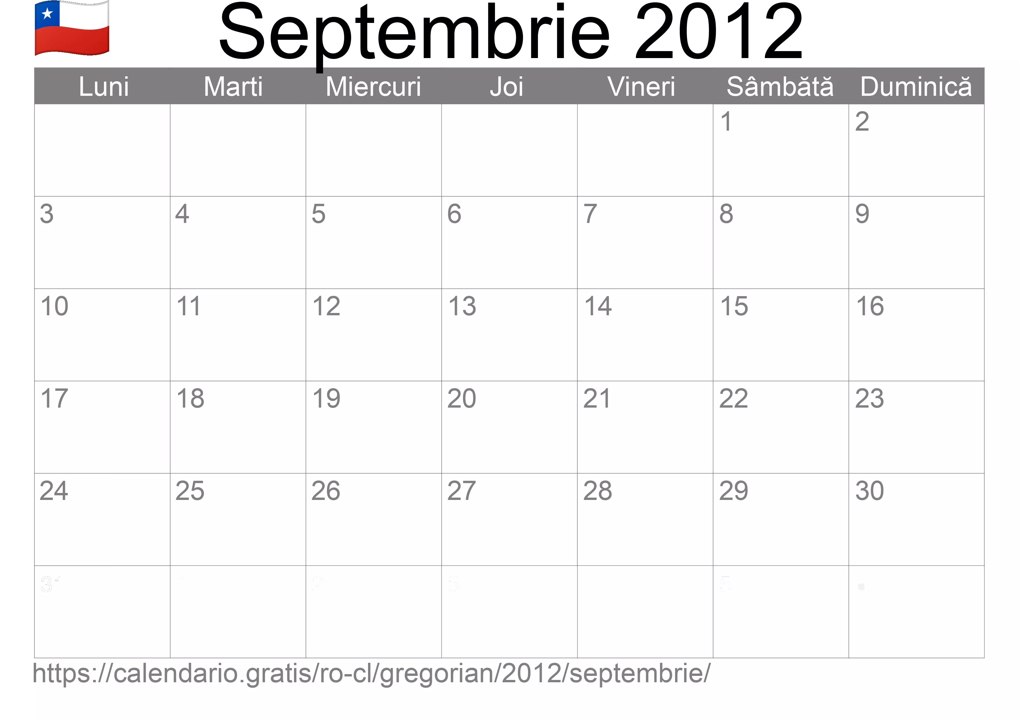 Calendar Septembrie 2012 pentru imprimare (Chile)