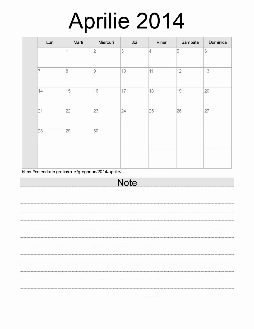 Calendar pentru Aprilie 2014 de imprimat cu note. (Chile)