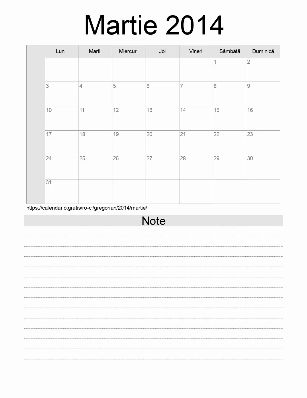 Calendar pentru Martie 2014 de imprimat cu note. (Chile)