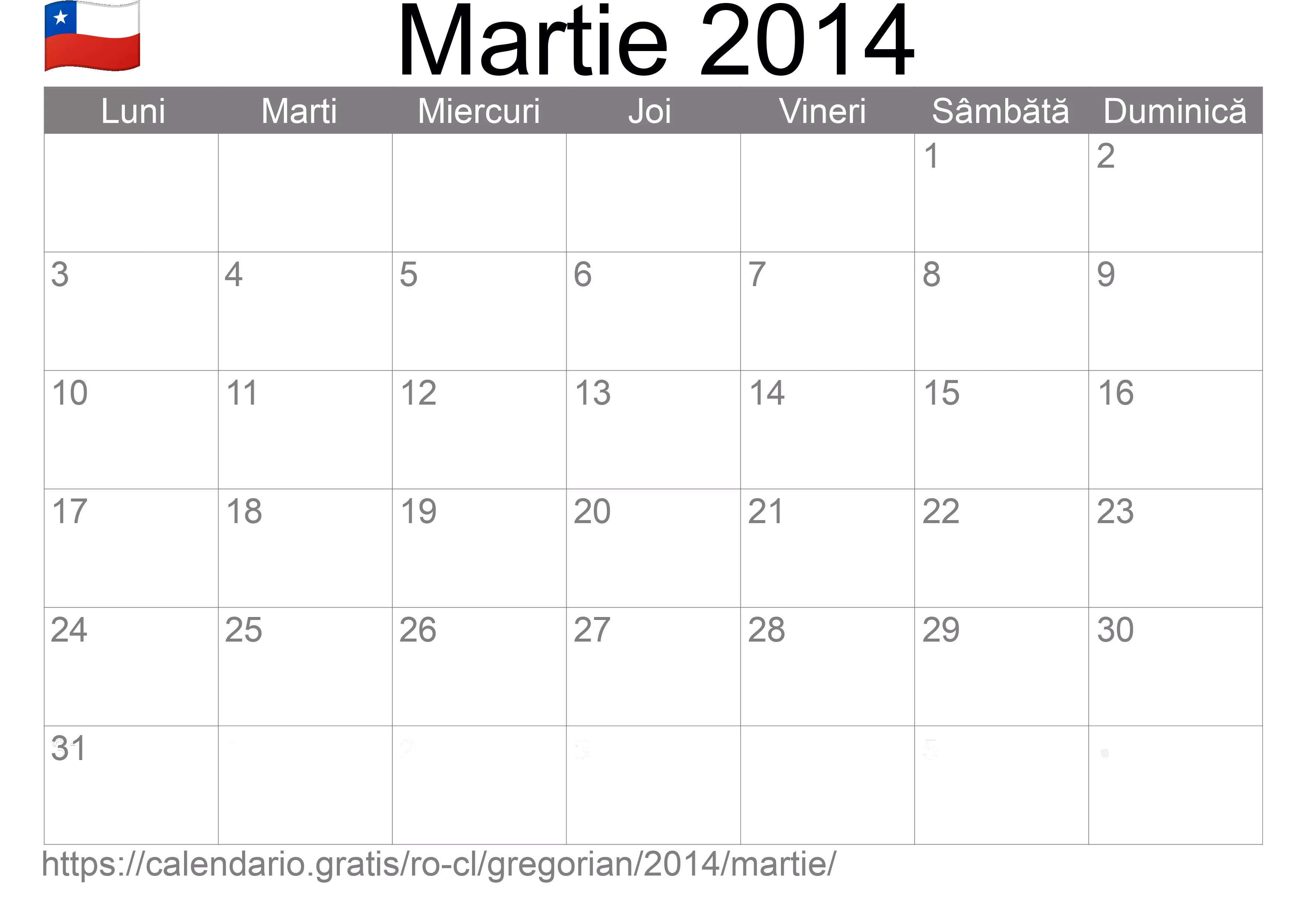 Calendar Martie 2014 pentru imprimare (Chile)