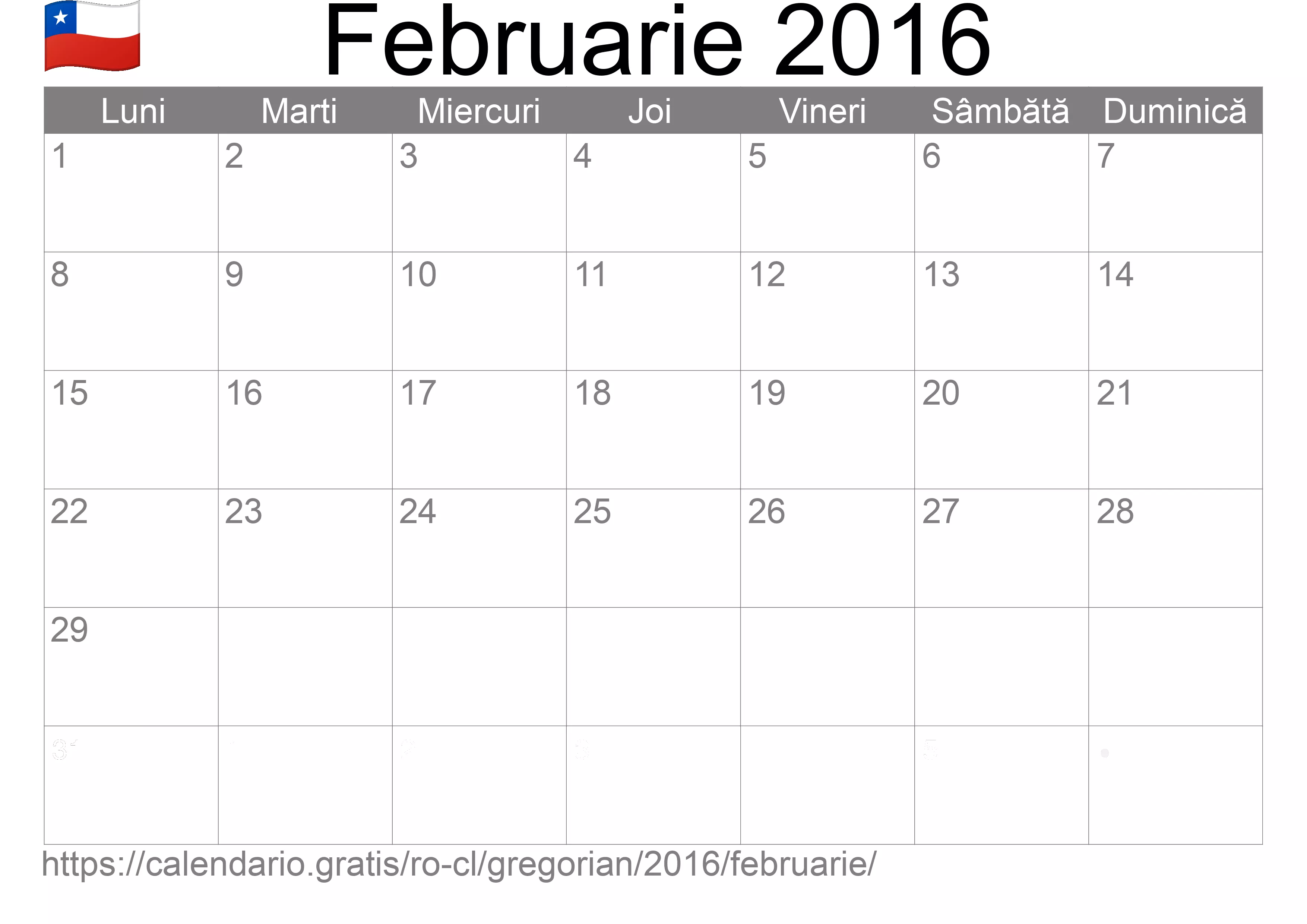 Calendar Februarie 2016 pentru imprimare (Chile)