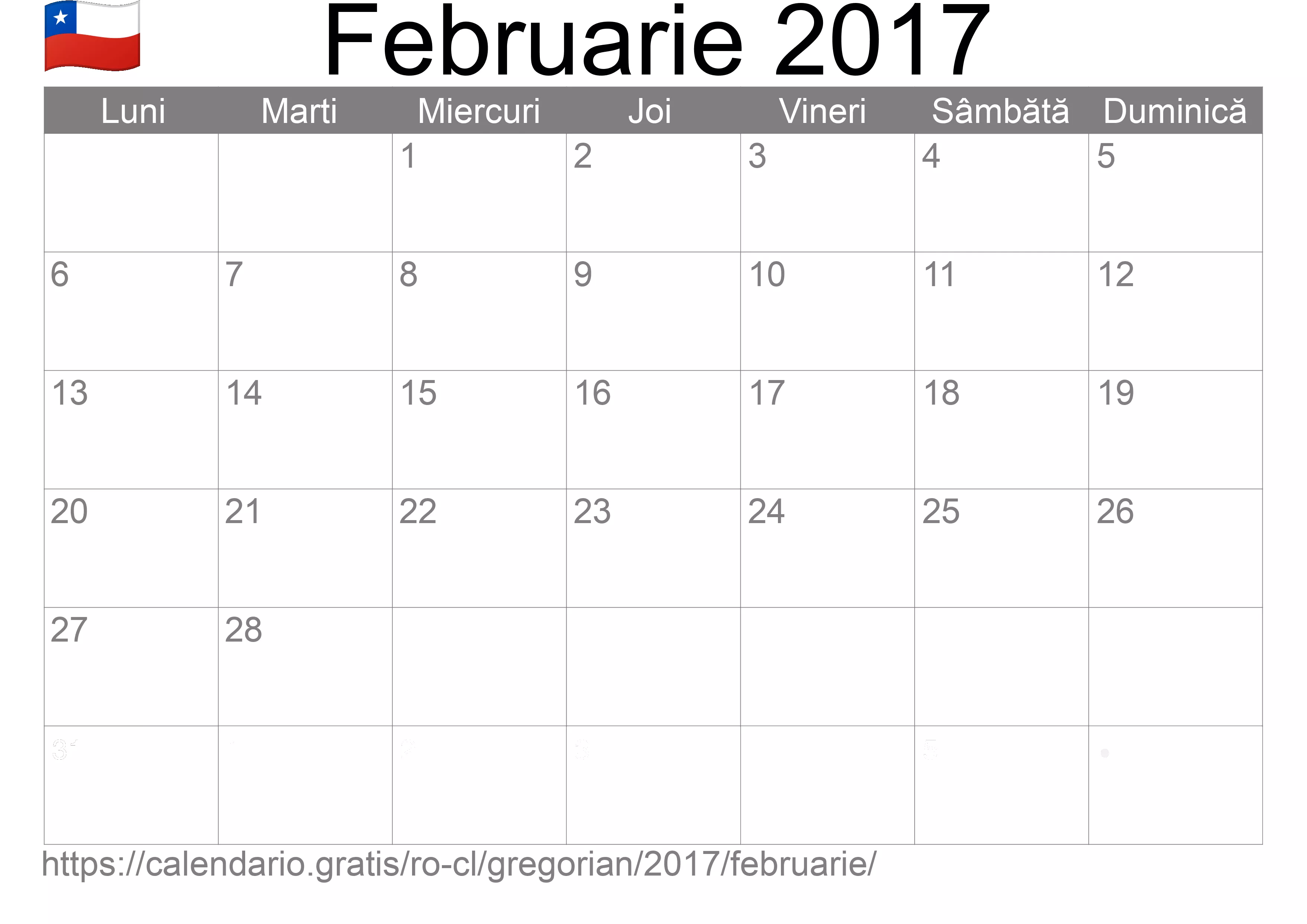 Calendar Februarie 2017 pentru imprimare (Chile) Calendar Februarie 2017 pentru imprimare (Chile)