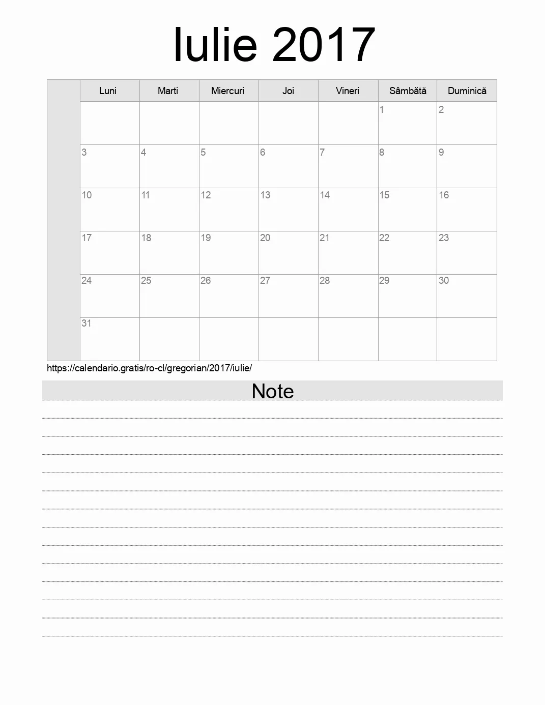 Calendar pentru Iulie 2017 de imprimat cu note. (Chile)