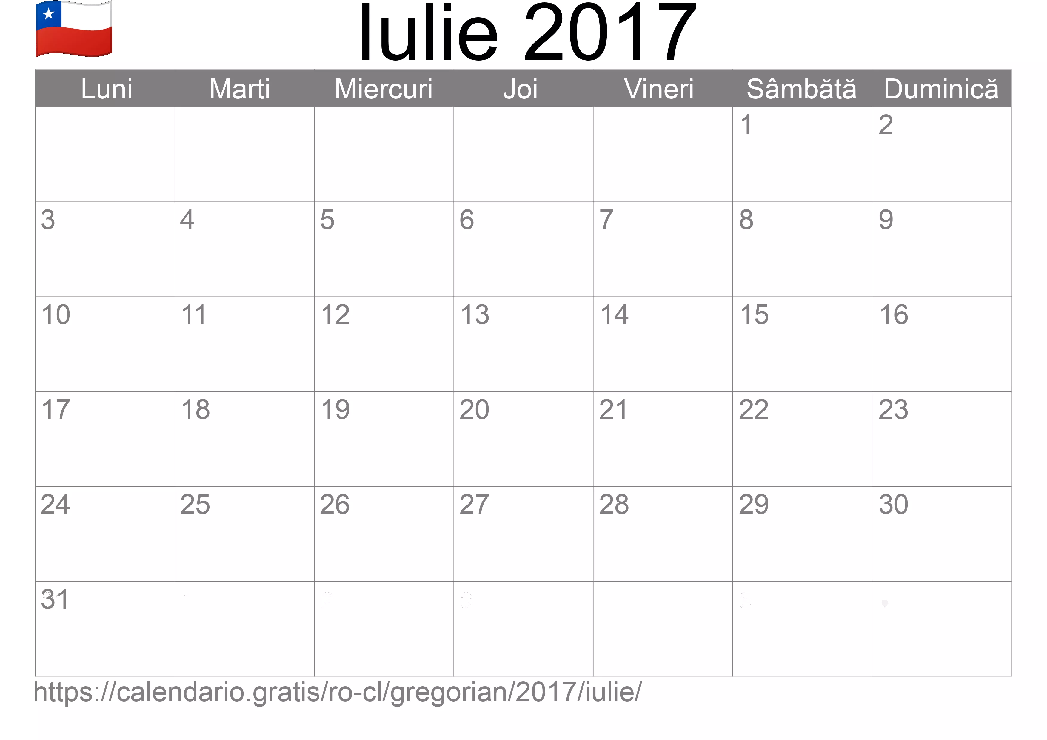 Calendar Iulie 2017 pentru imprimare (Chile)