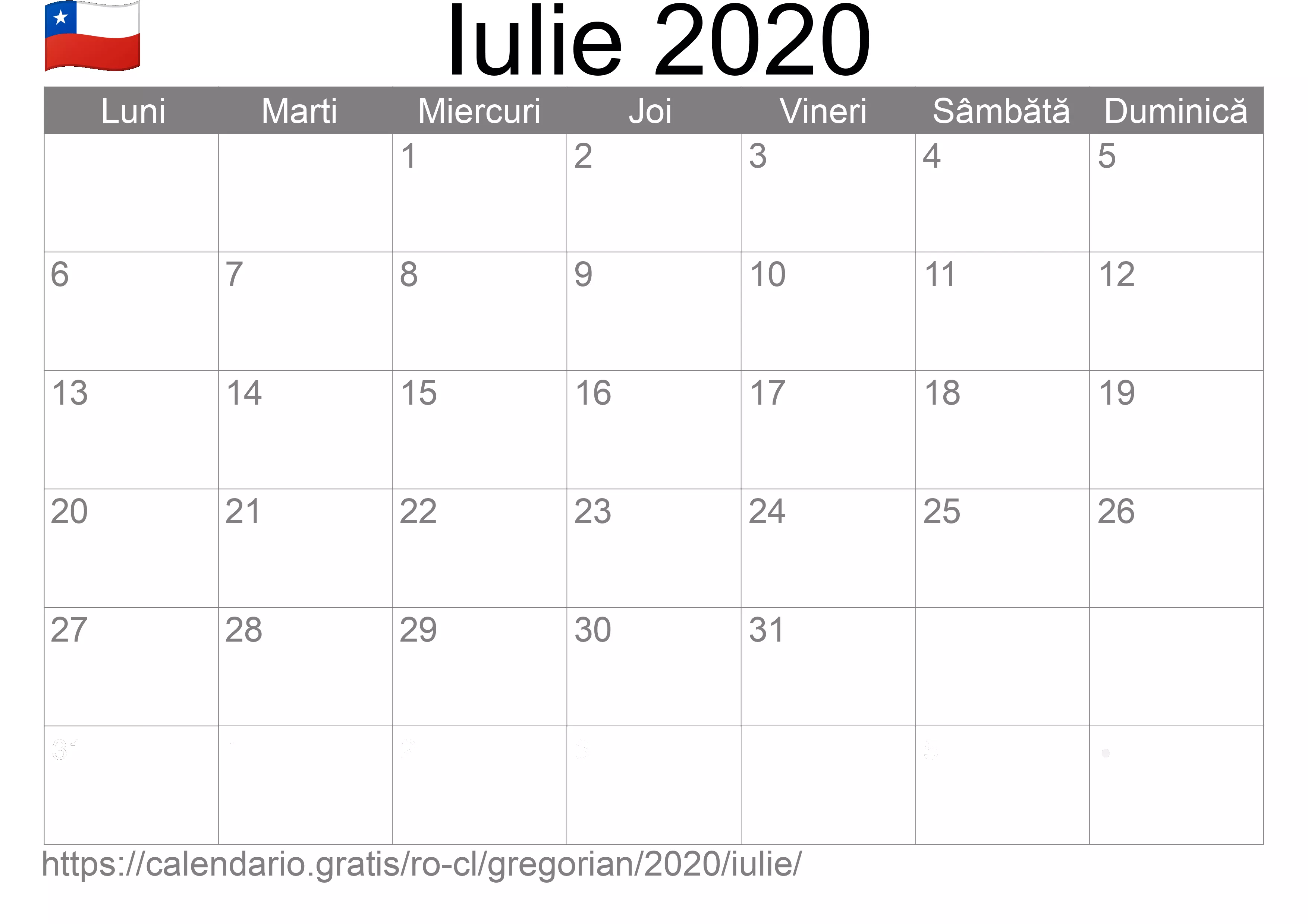 Calendar Iulie 2020 pentru imprimare (Chile)