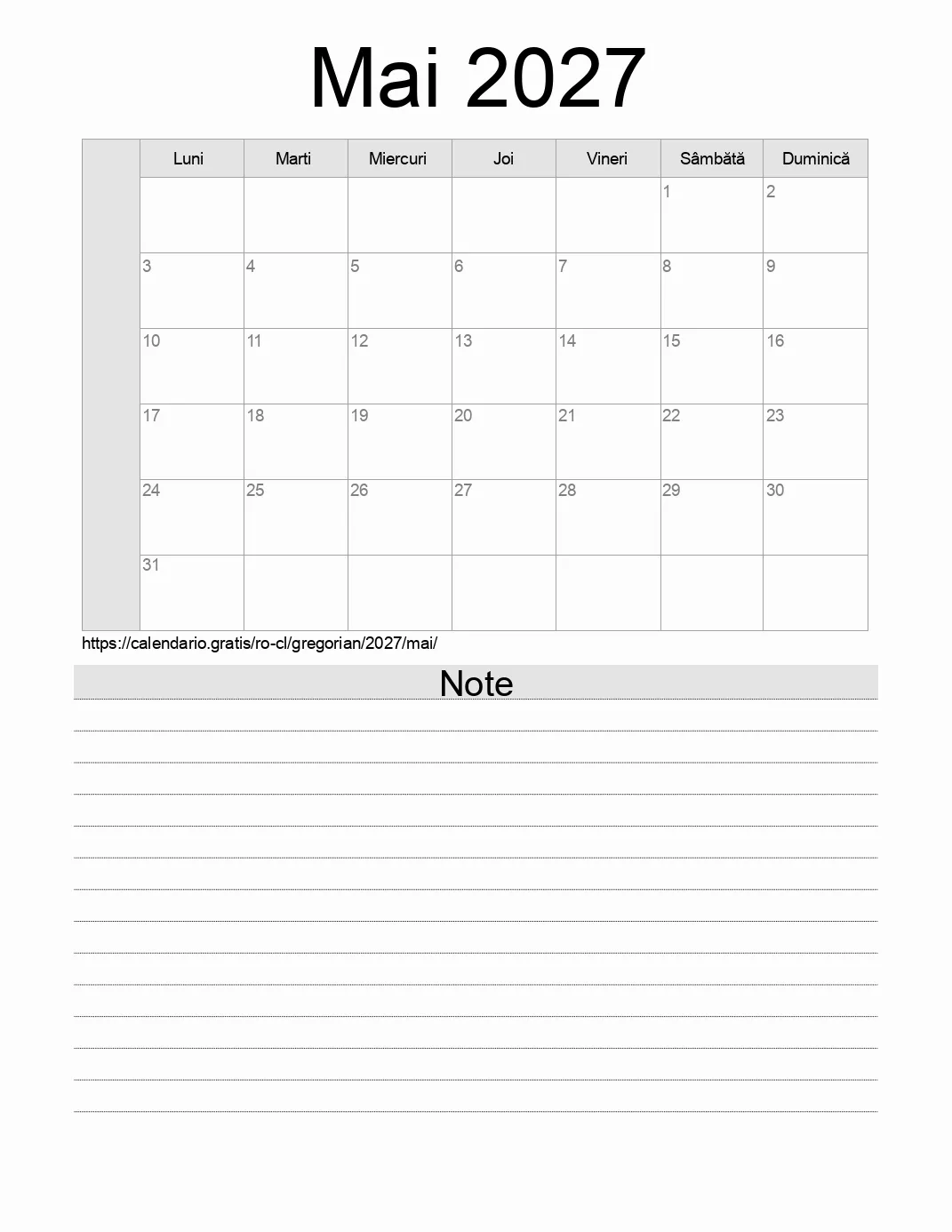 Calendar pentru Mai 2027 de imprimat cu note. (Chile)