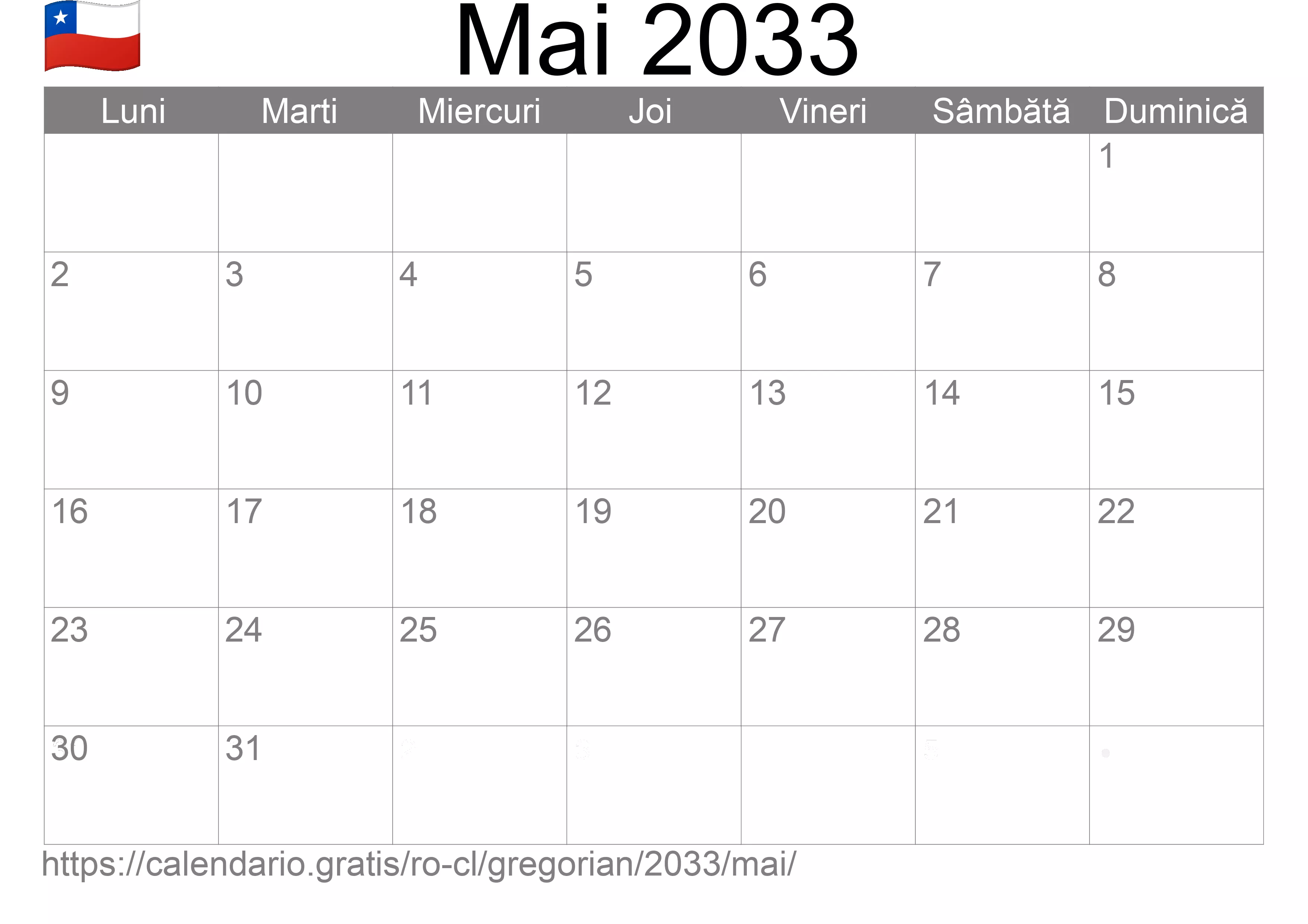 Calendar Mai 2033 pentru imprimare (Chile)