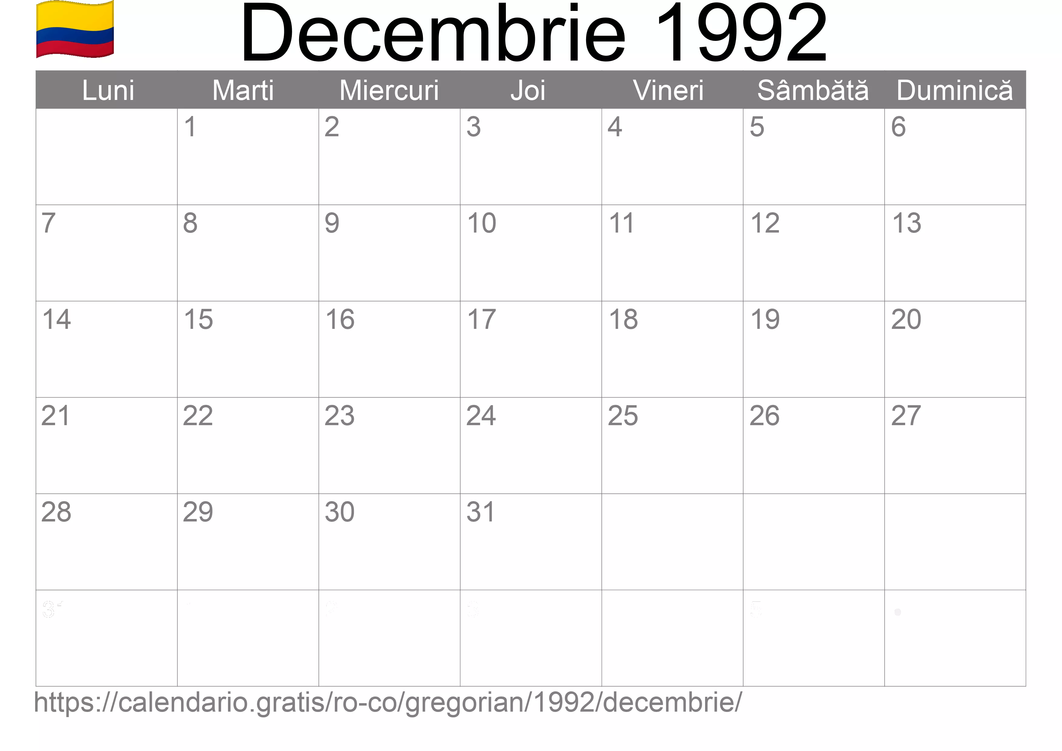 Calendar Decembrie 1992 pentru imprimare (Columbia) Calendar Decembrie 1992 pentru imprimare (Columbia)
