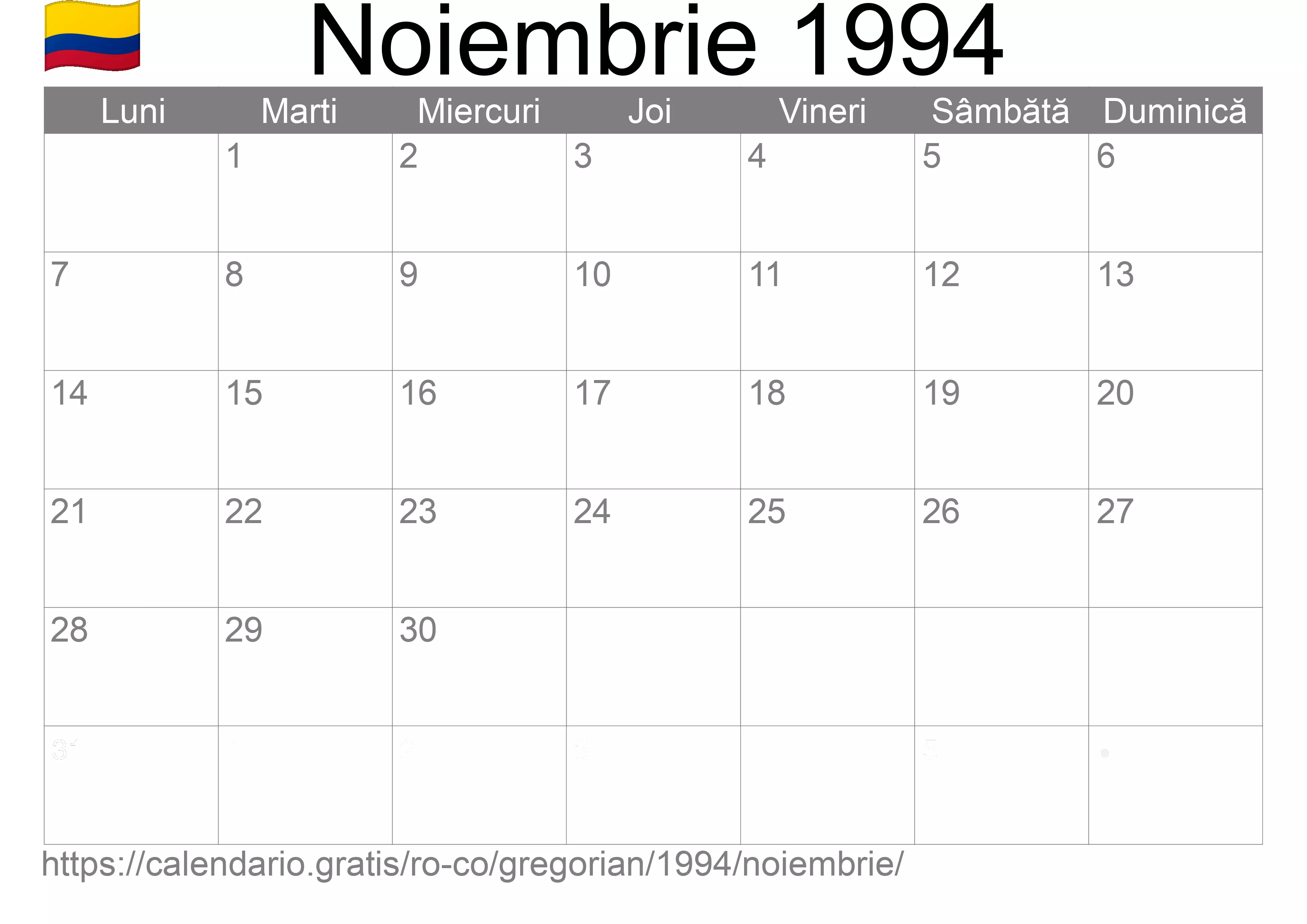 Calendar Noiembrie 1994 pentru imprimare (Columbia)