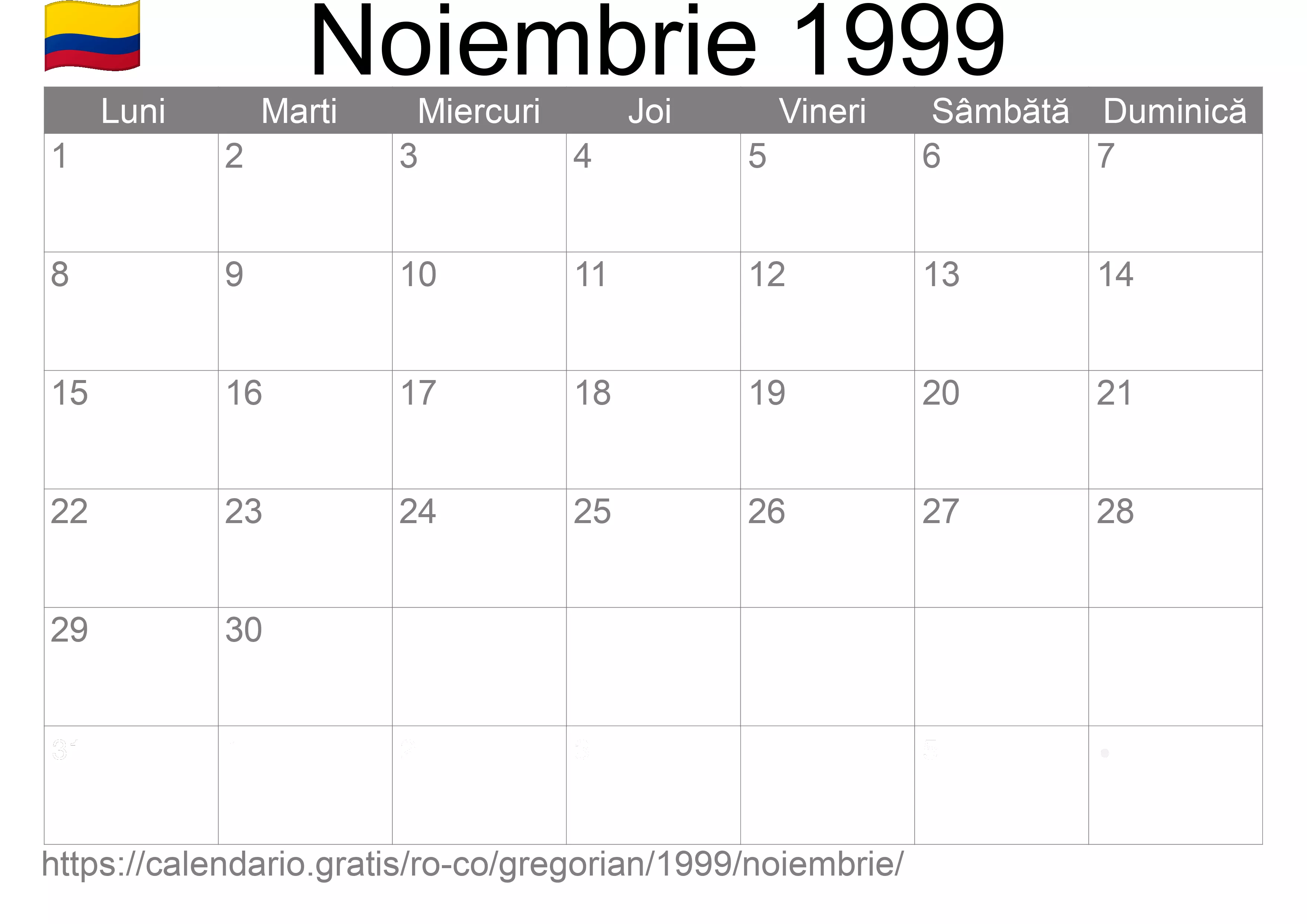 Calendar Noiembrie 1999 pentru imprimare (Columbia)