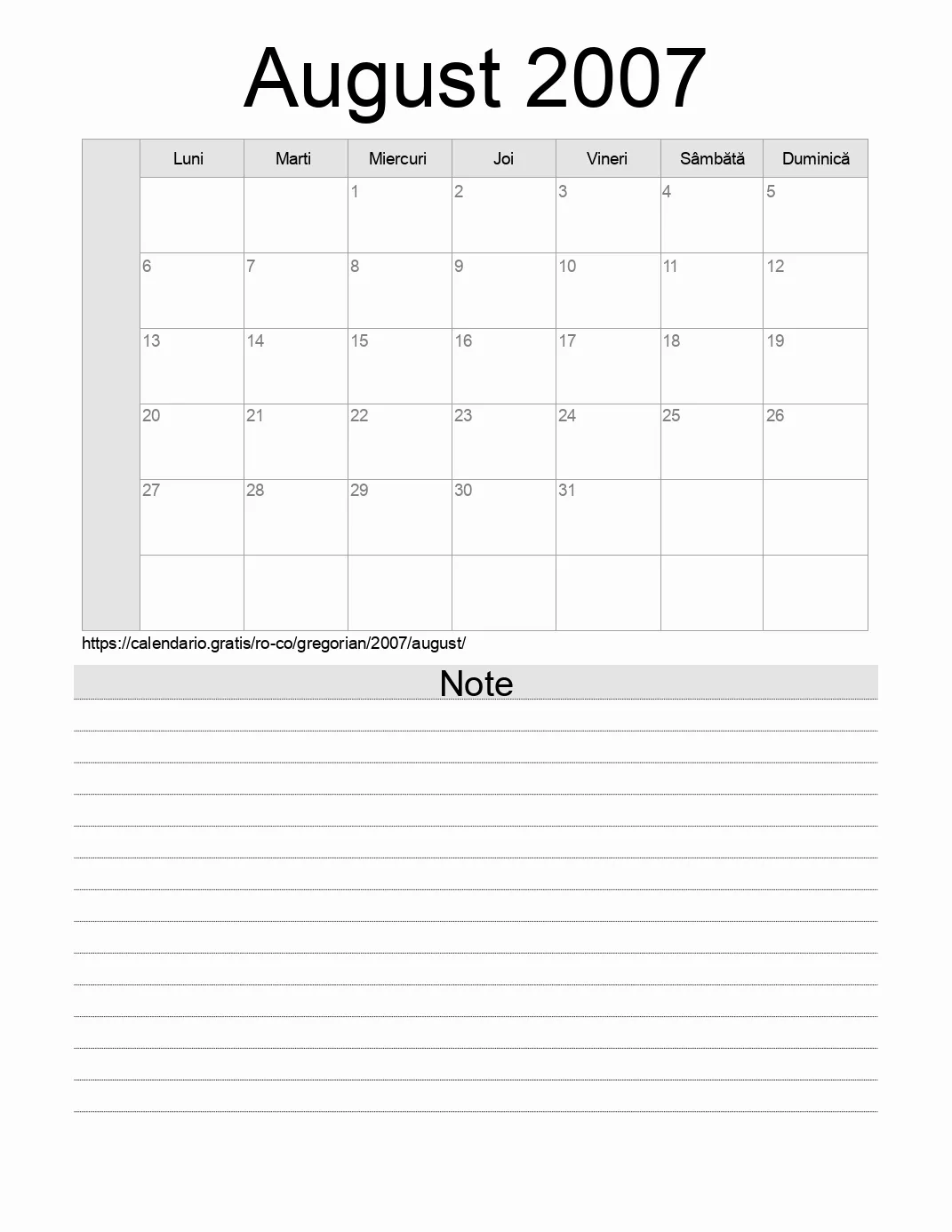 Calendar pentru August 2007 de imprimat cu note. (Columbia)