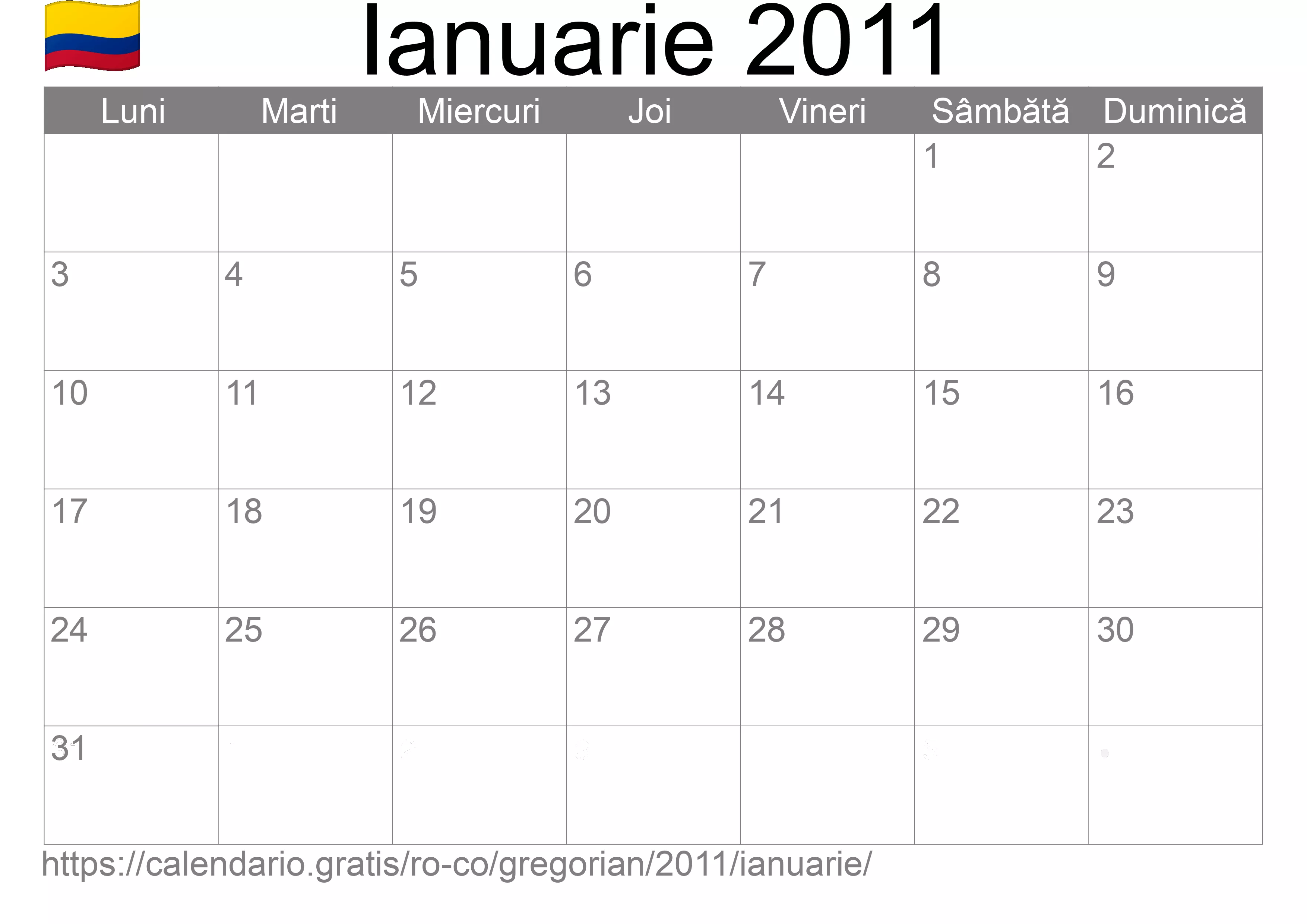 Calendar Ianuarie 2011 pentru imprimare (Columbia)