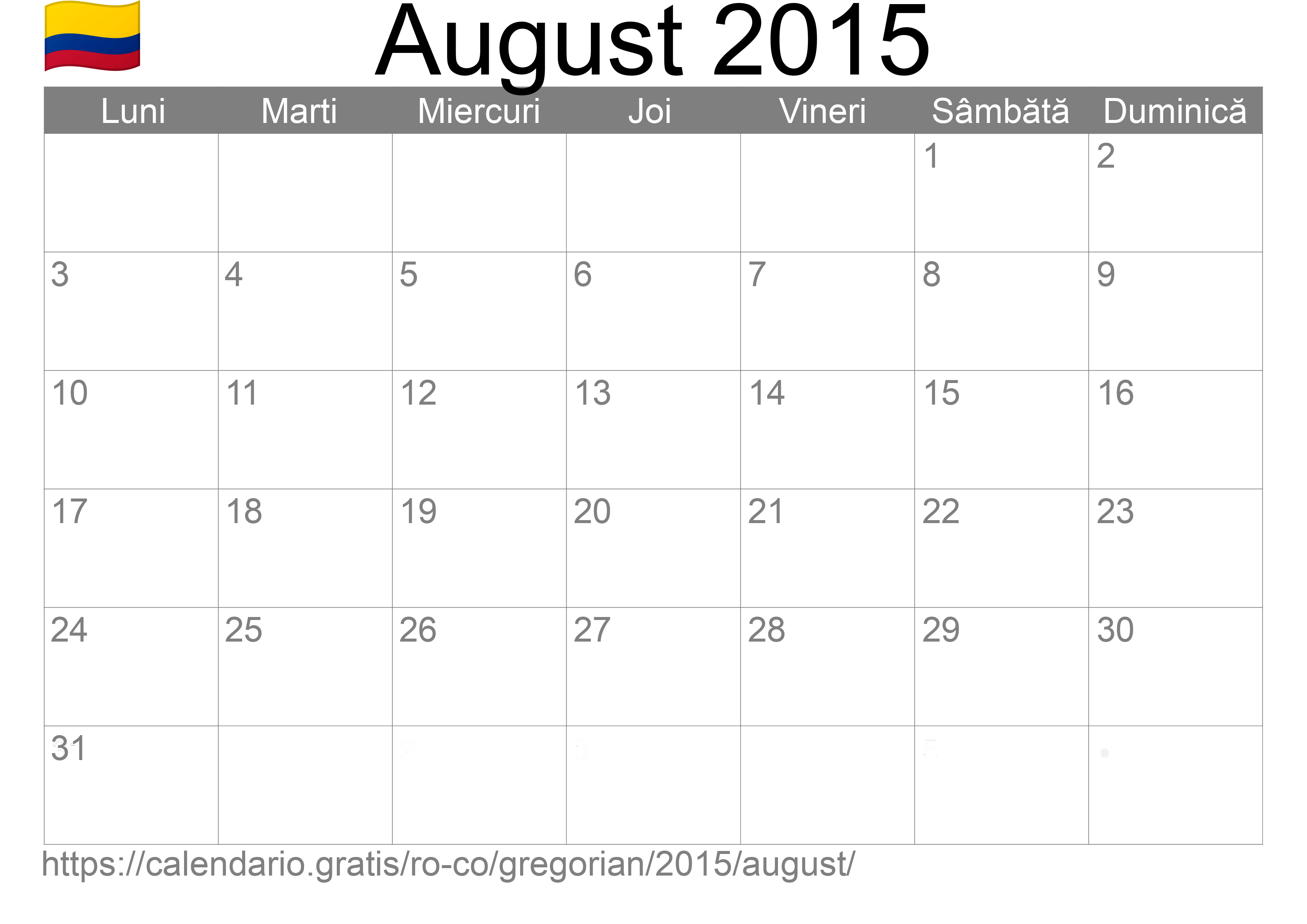 Calendar August 2015 pentru imprimare