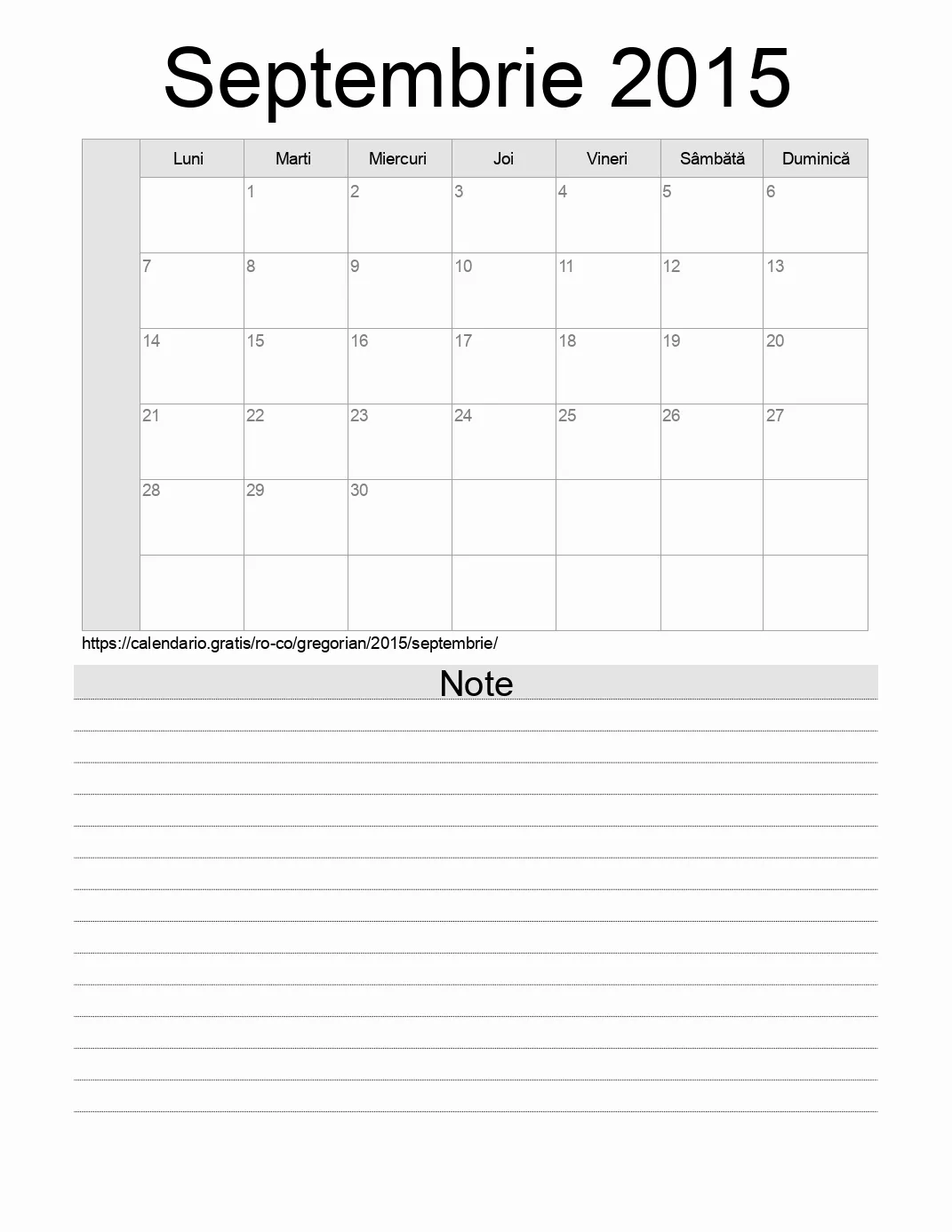 Calendar pentru Septembrie 2015 de imprimat cu note. (Columbia)