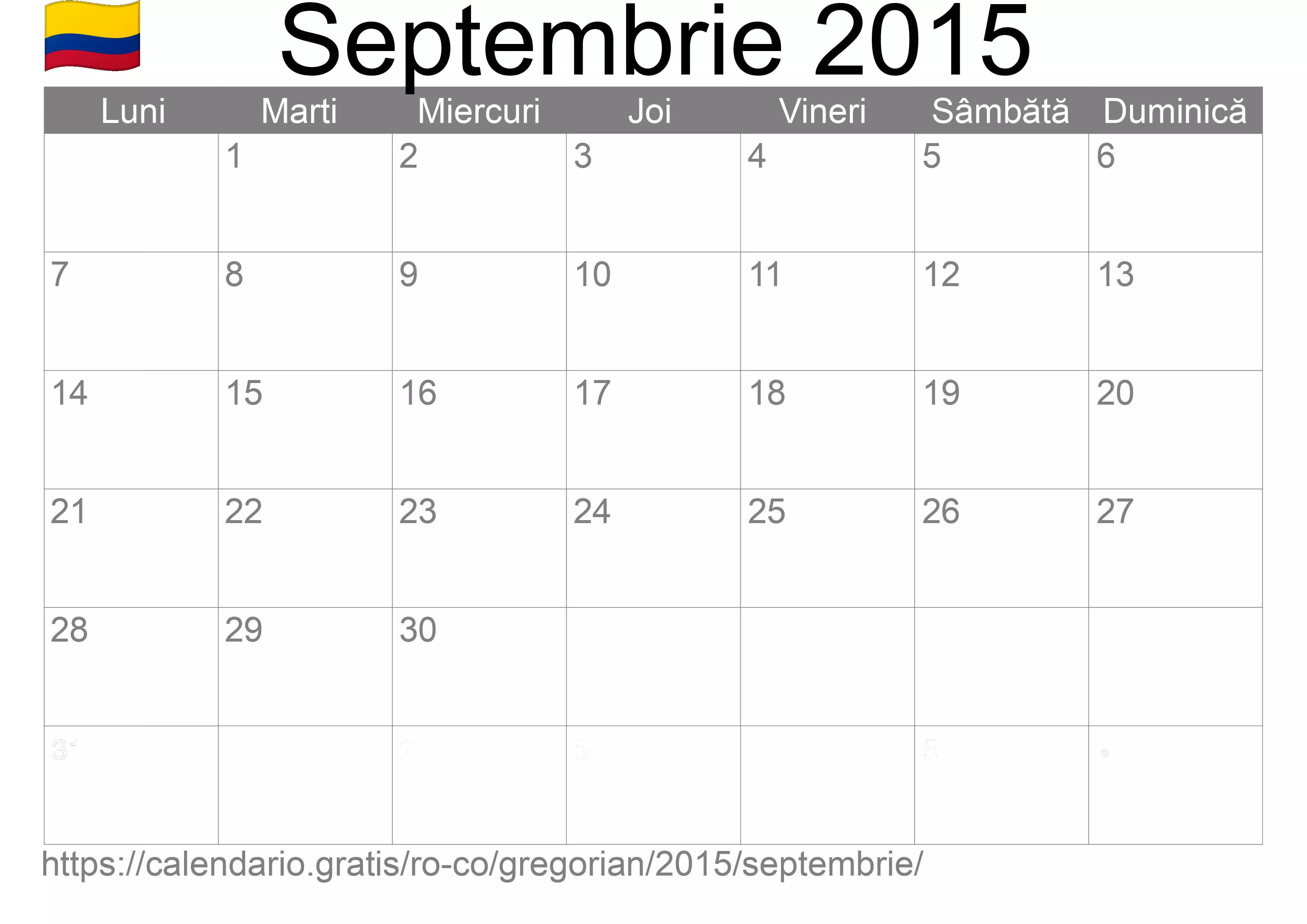 Calendar Septembrie 2015 pentru imprimare (Columbia)