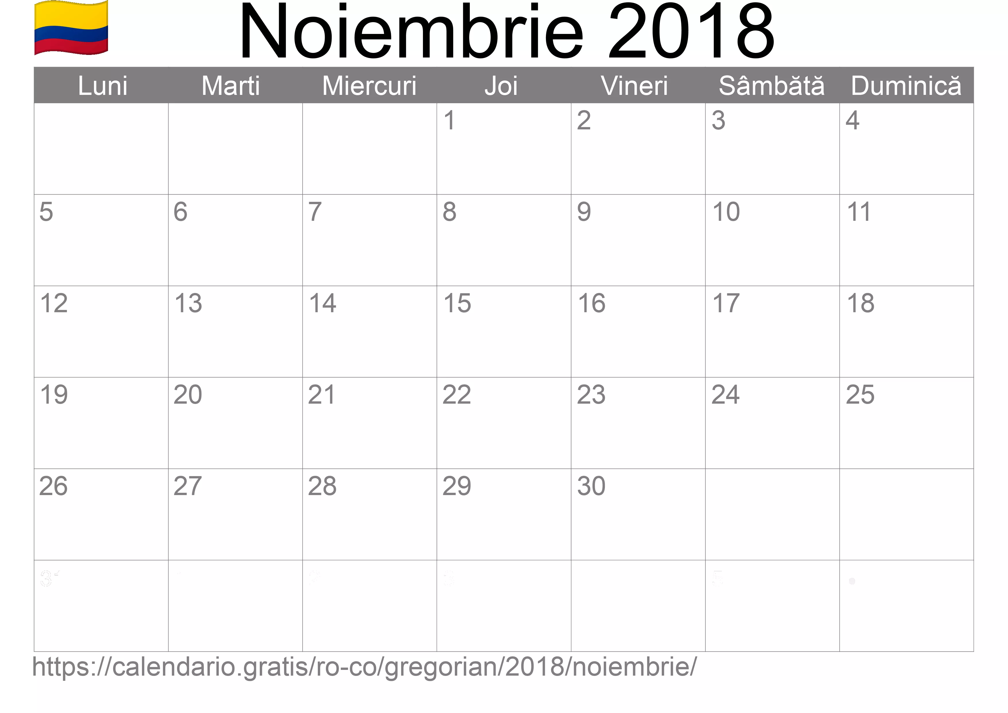 Calendar Noiembrie 2018 pentru imprimare (Columbia)