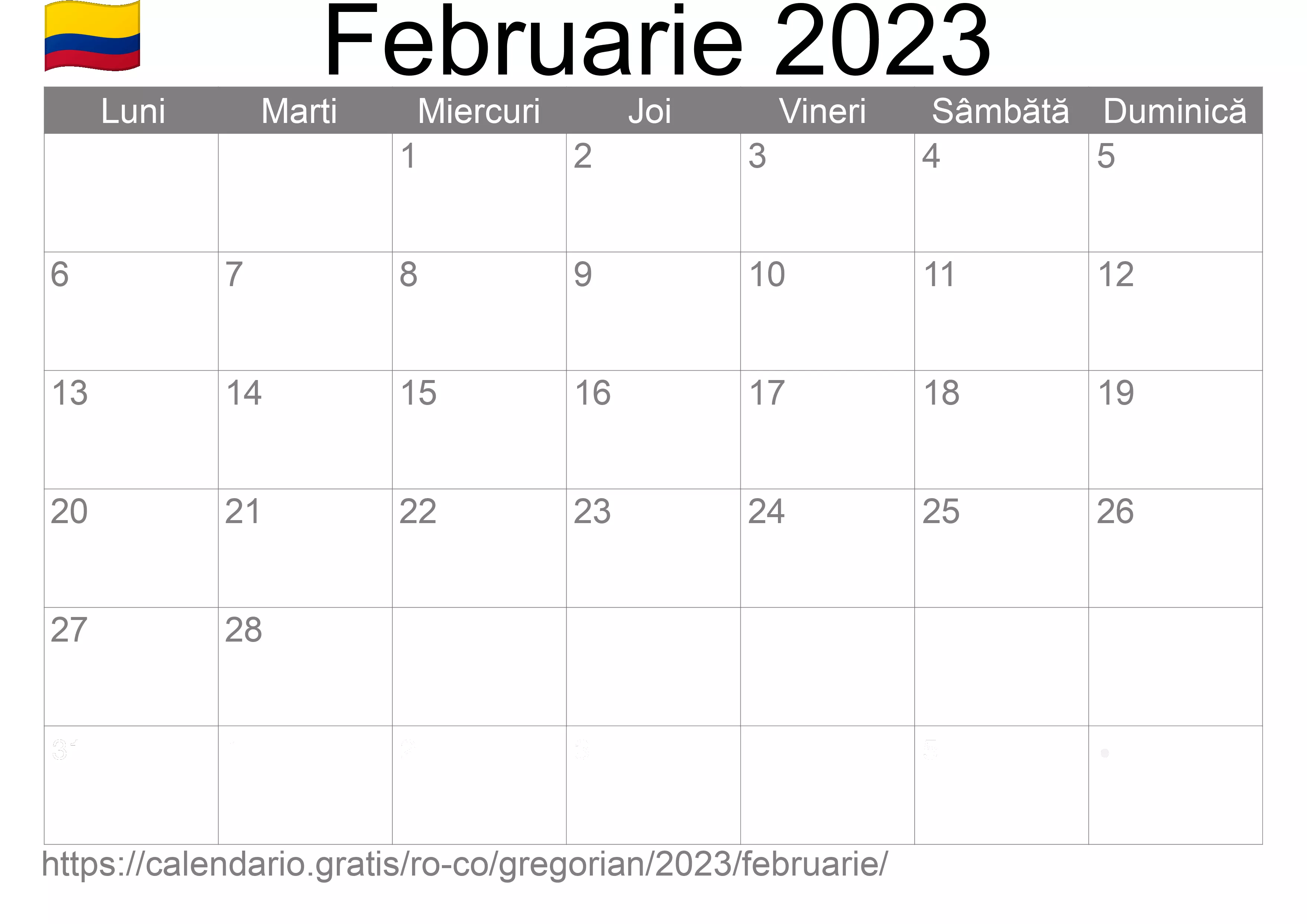 Calendar Februarie 2023 pentru imprimare (Columbia) Calendar Februarie 2023 pentru imprimare (Columbia)