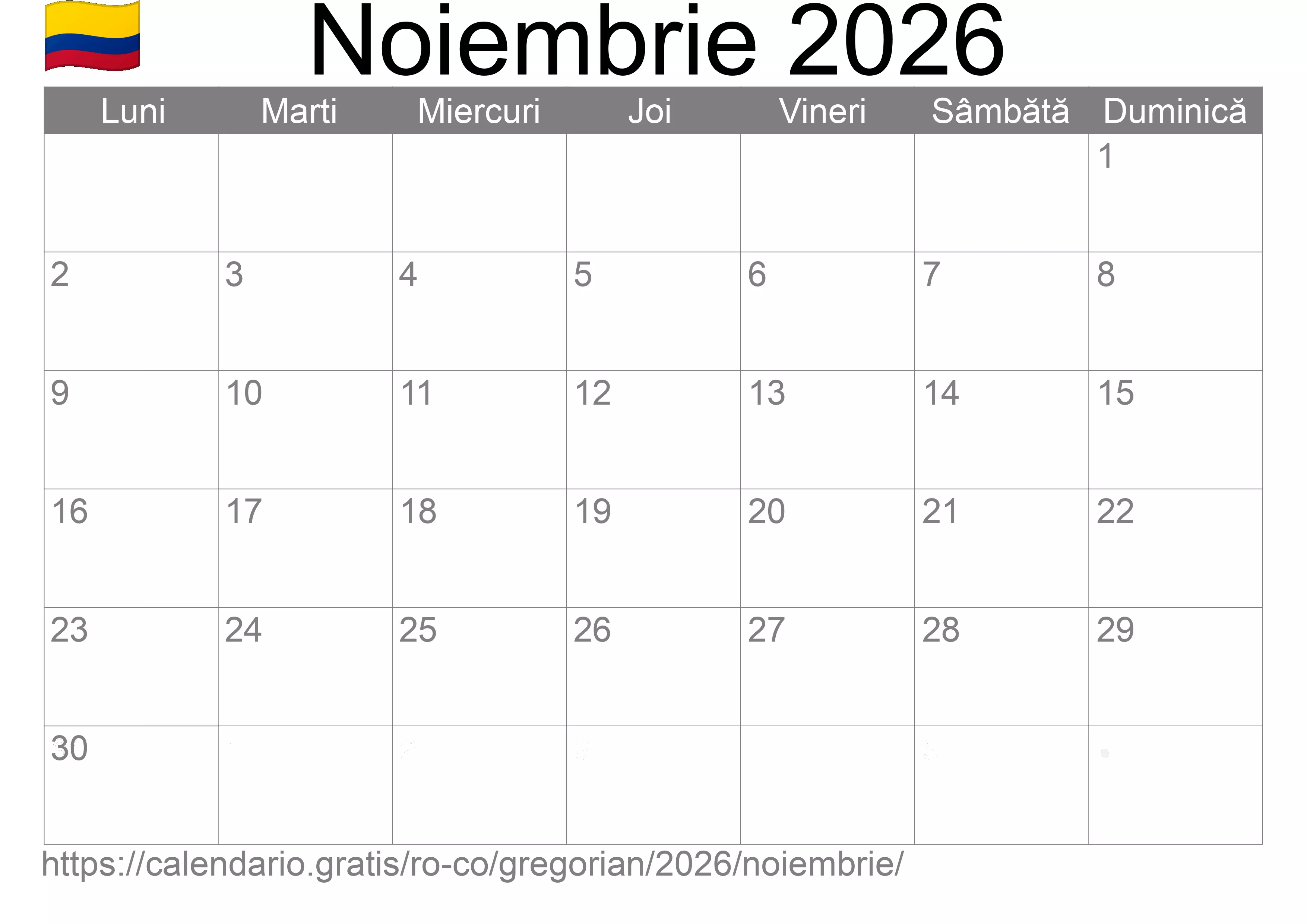 Calendar Noiembrie 2026 pentru imprimare (Columbia)
