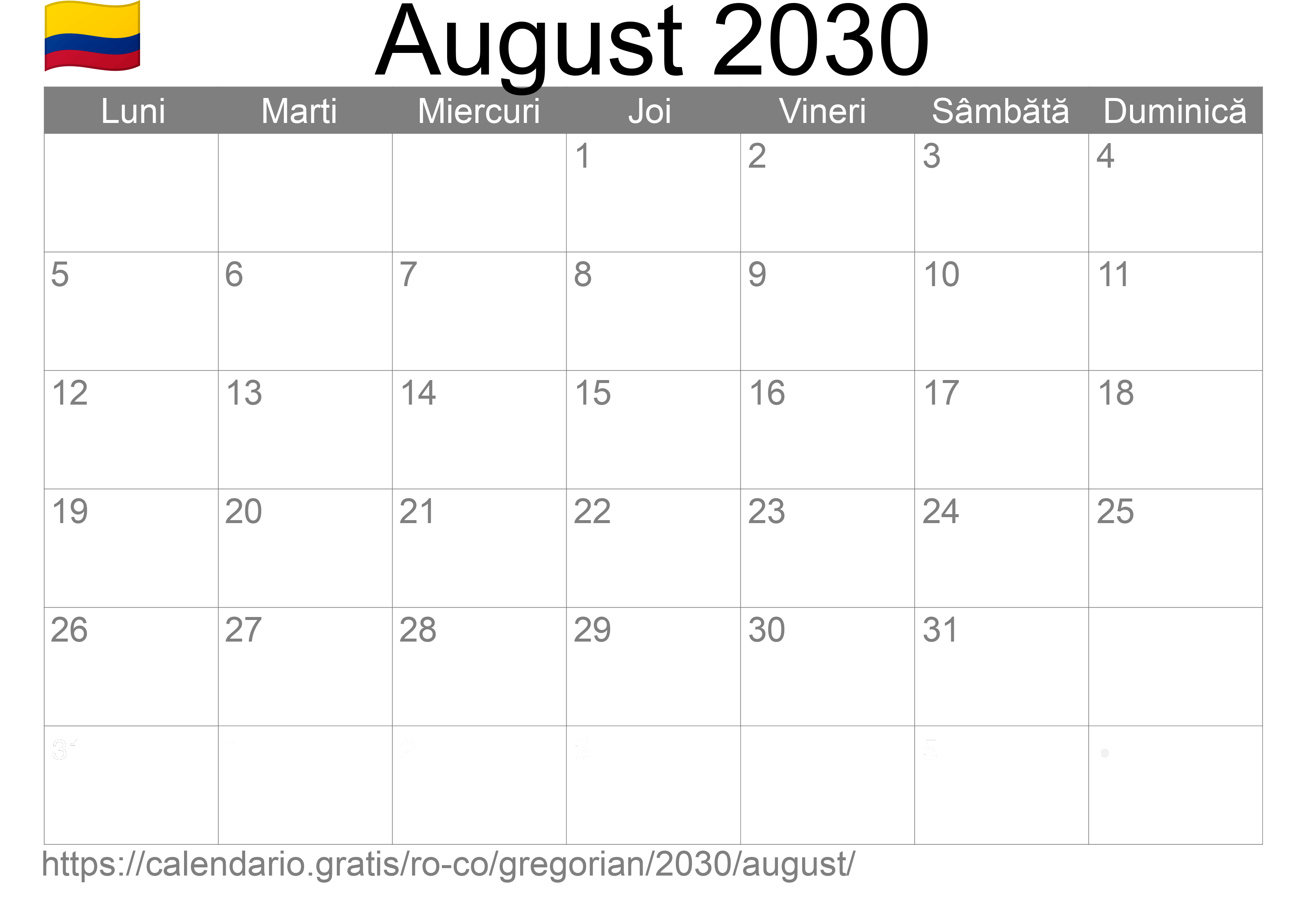 Calendar August 2030 pentru imprimare