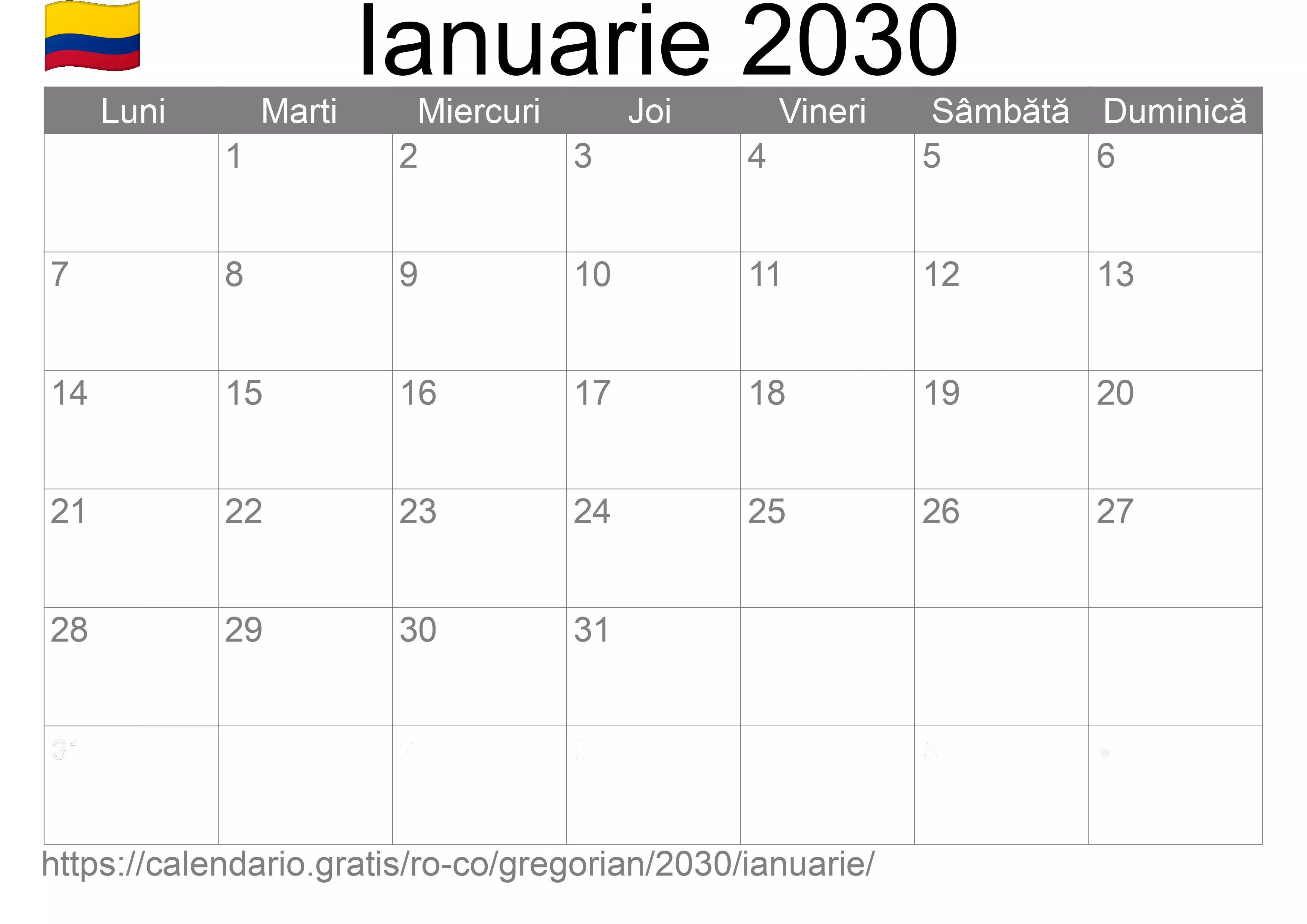 Calendar Ianuarie 2030 pentru imprimare (Columbia)
